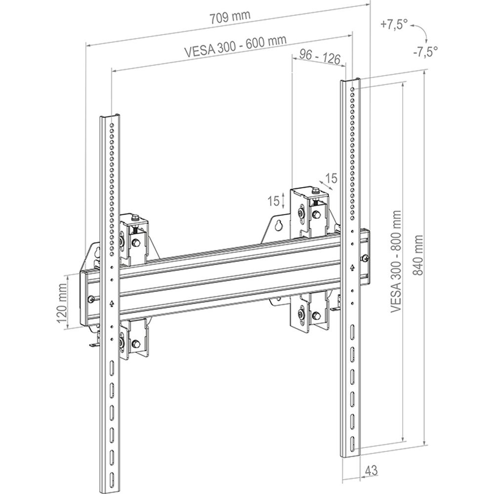 Dessin technique d'un support mural TV avec dimensions.