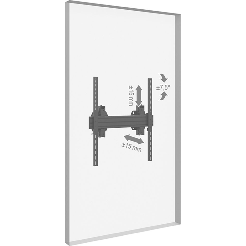 Un support mural TV gris avec mesures d'inclinaison et de décalage.