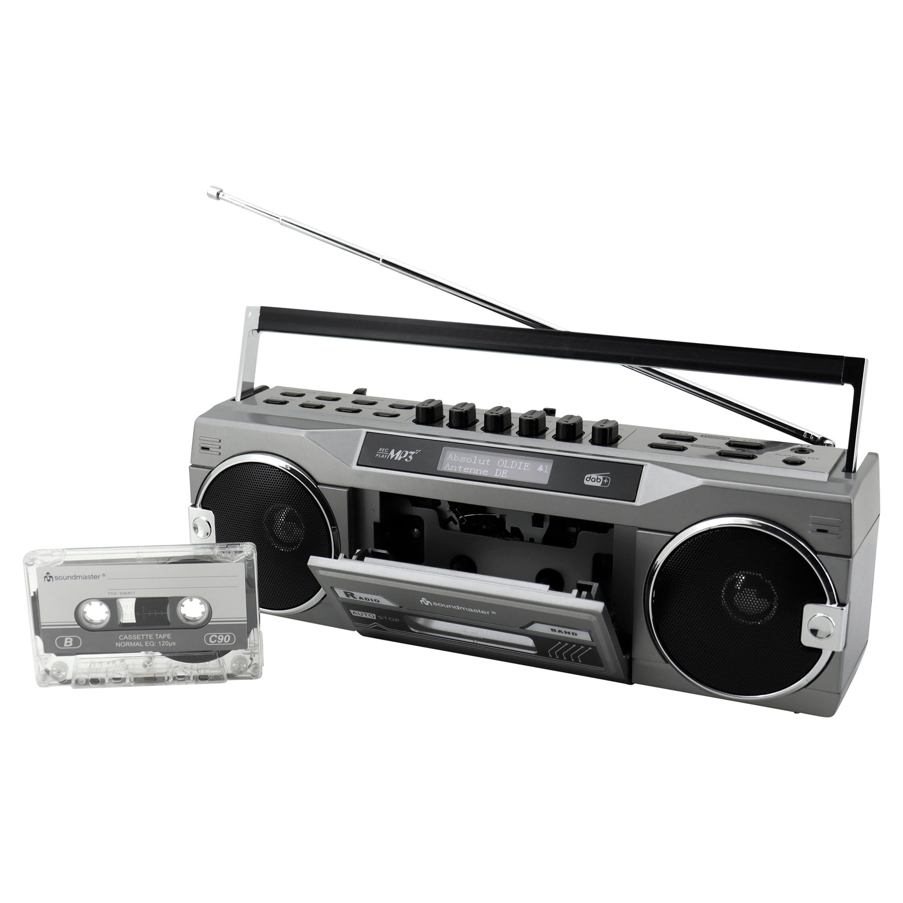 Boombox grigio con musicassetta e vano musicassette aperto.