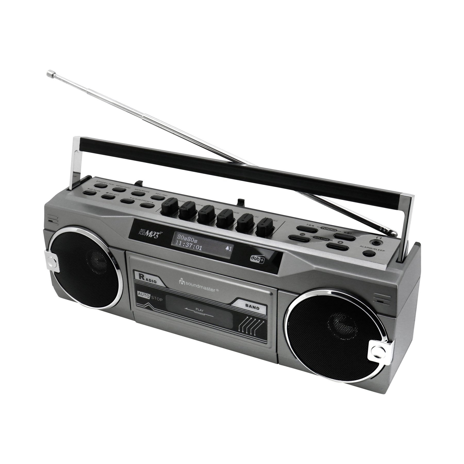 Una boombox argentata con altoparlanti, deck a cassette e antenna.
