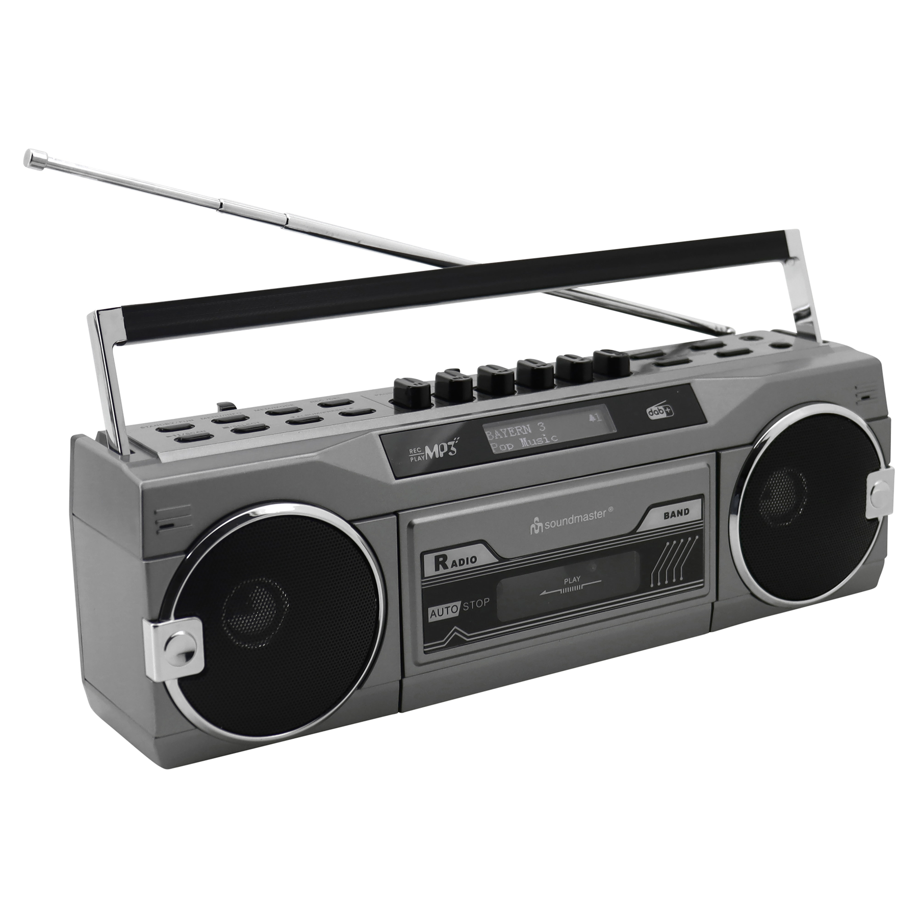 Boombox grigio con antenna estensibile, altoparlanti e display.