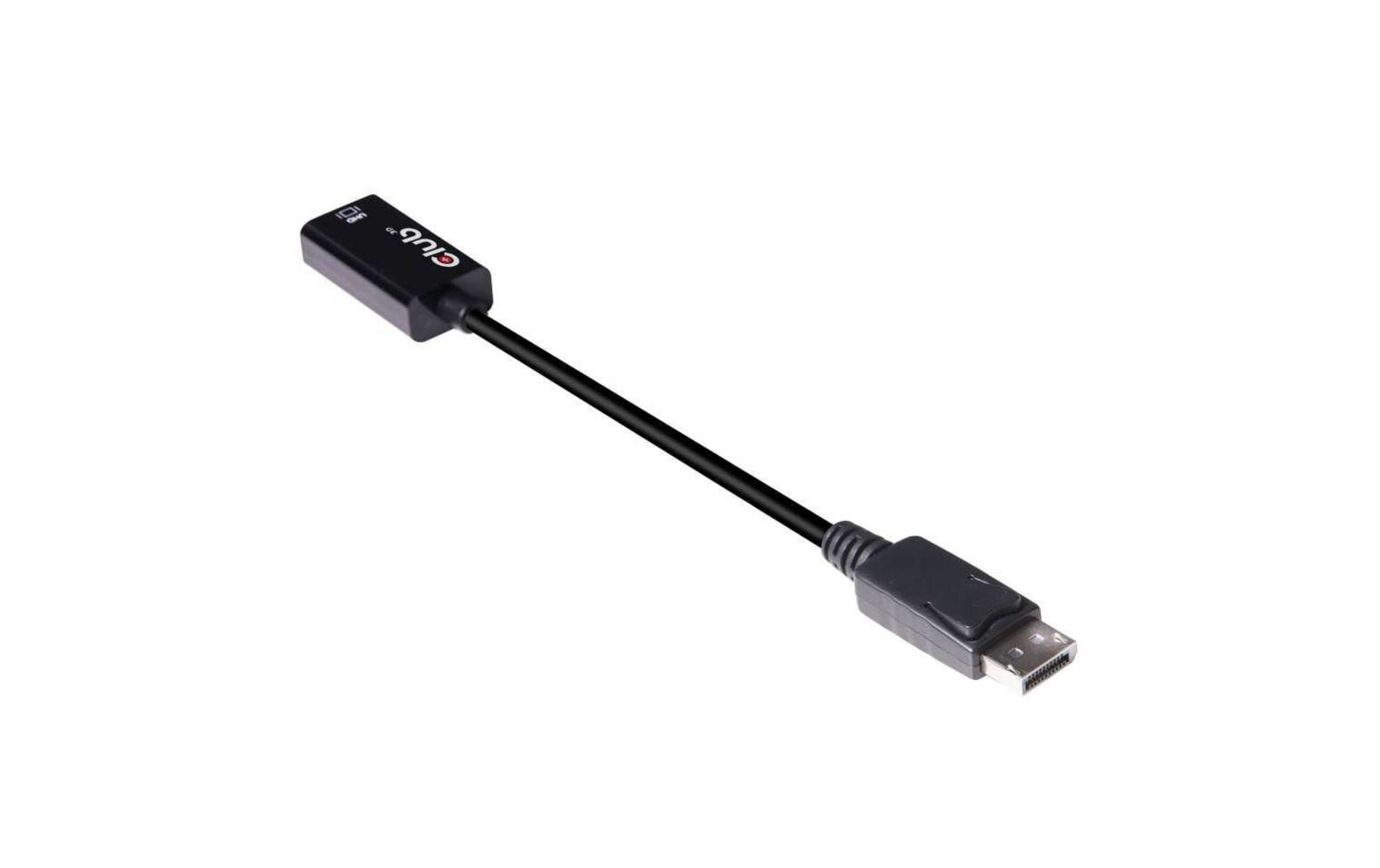 Ein schwarzer DisplayPort-zu-USB-C-Adapterkabel mit Club 3D-Logo.