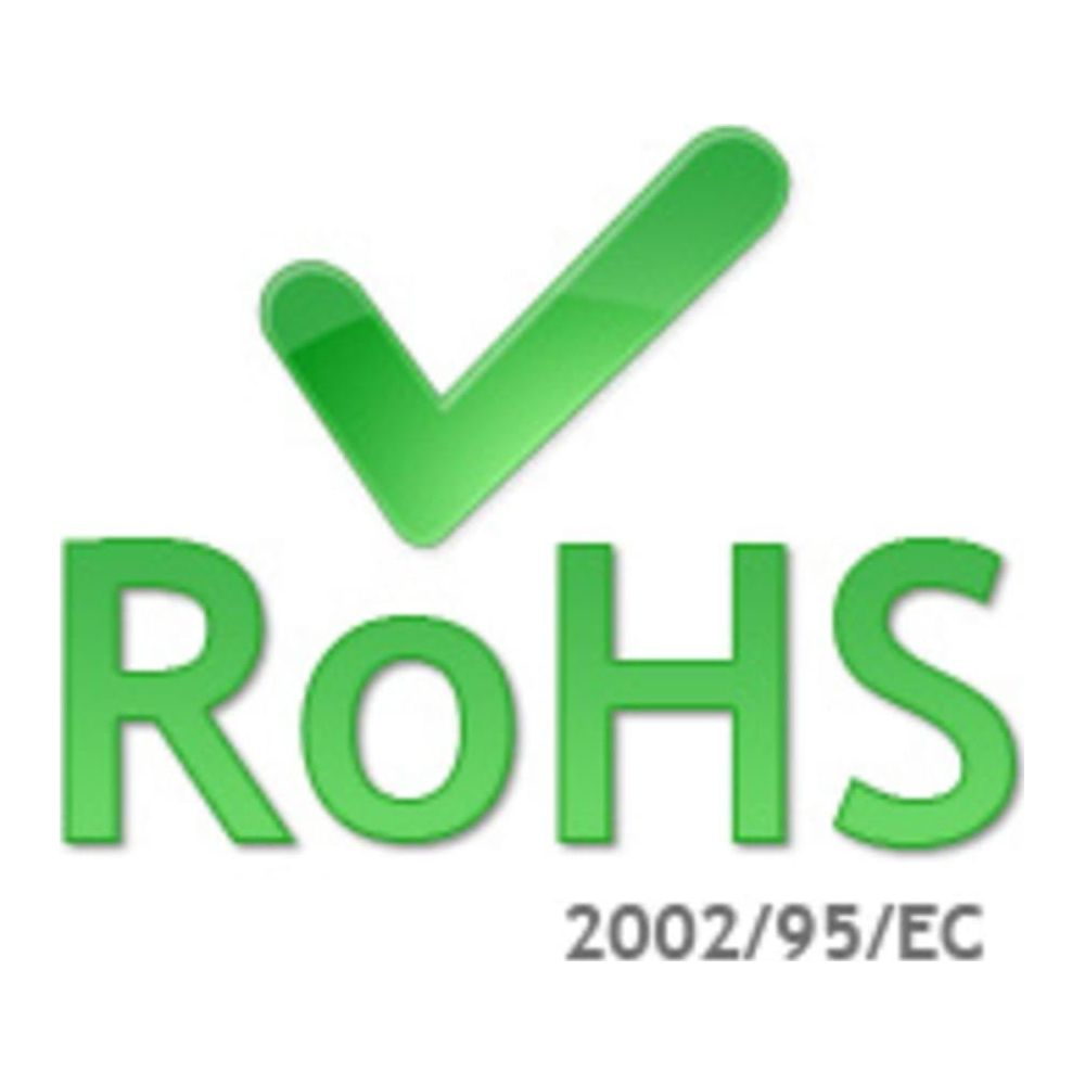 Grüner Haken über RoHS-Schriftzug mit Spezifikation 2002/95/EG.