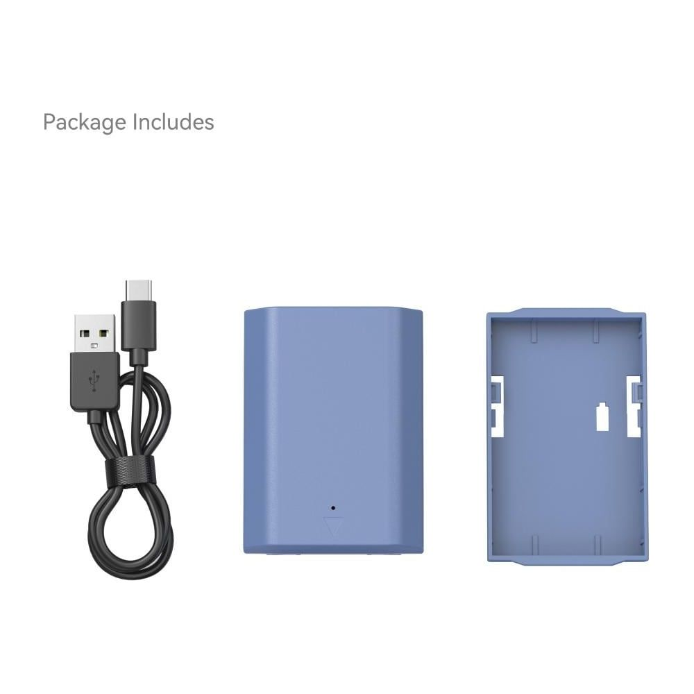 La confezione include un cavo USB-C nero e due componenti elettronici blu.