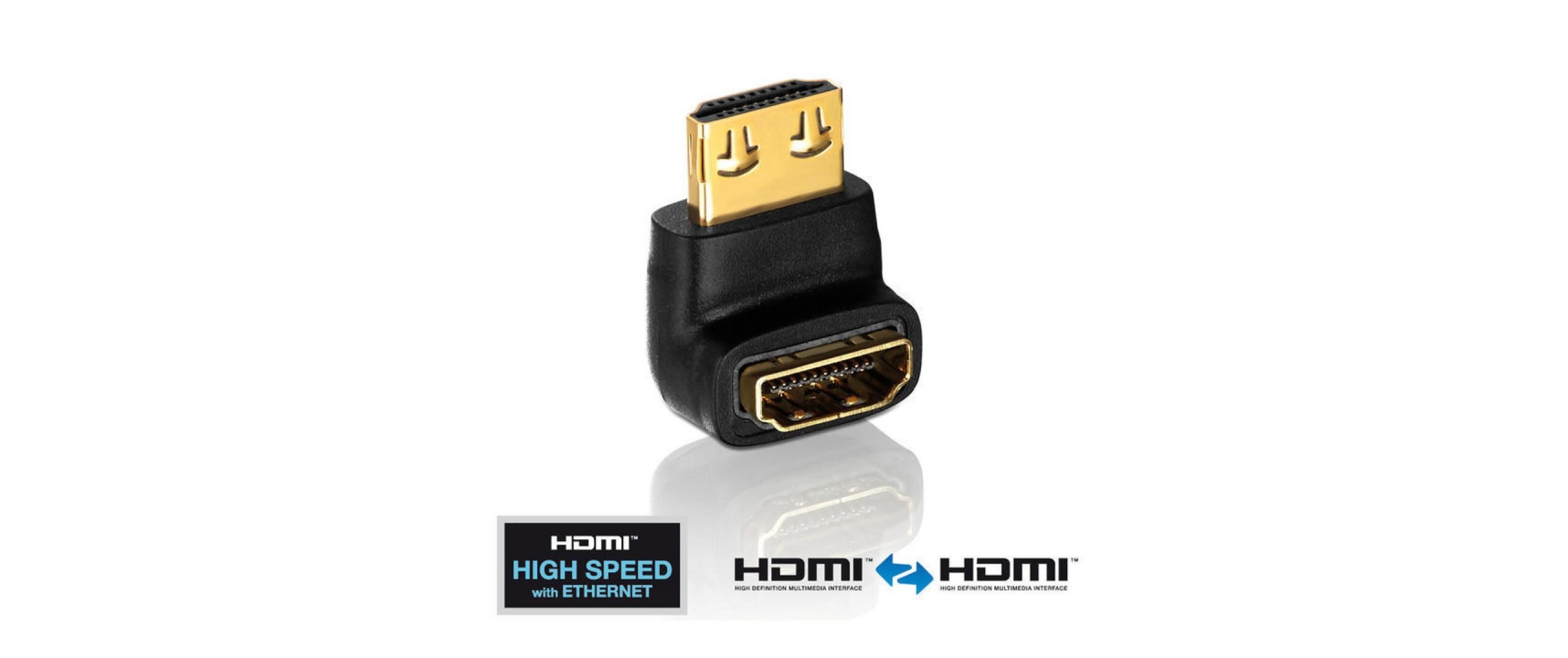 Ein schwarzer HDMI-Winkeladapter mit vergoldeten Anschlüssen.