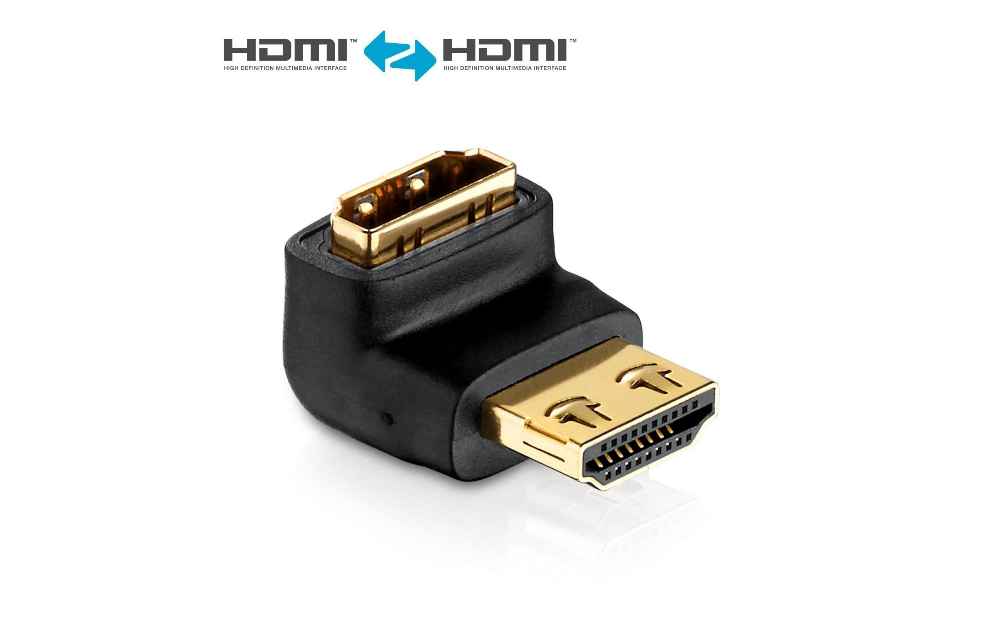 Ein schwarzer HDMI-Winkeladapter mit goldenen Anschlüssen.
