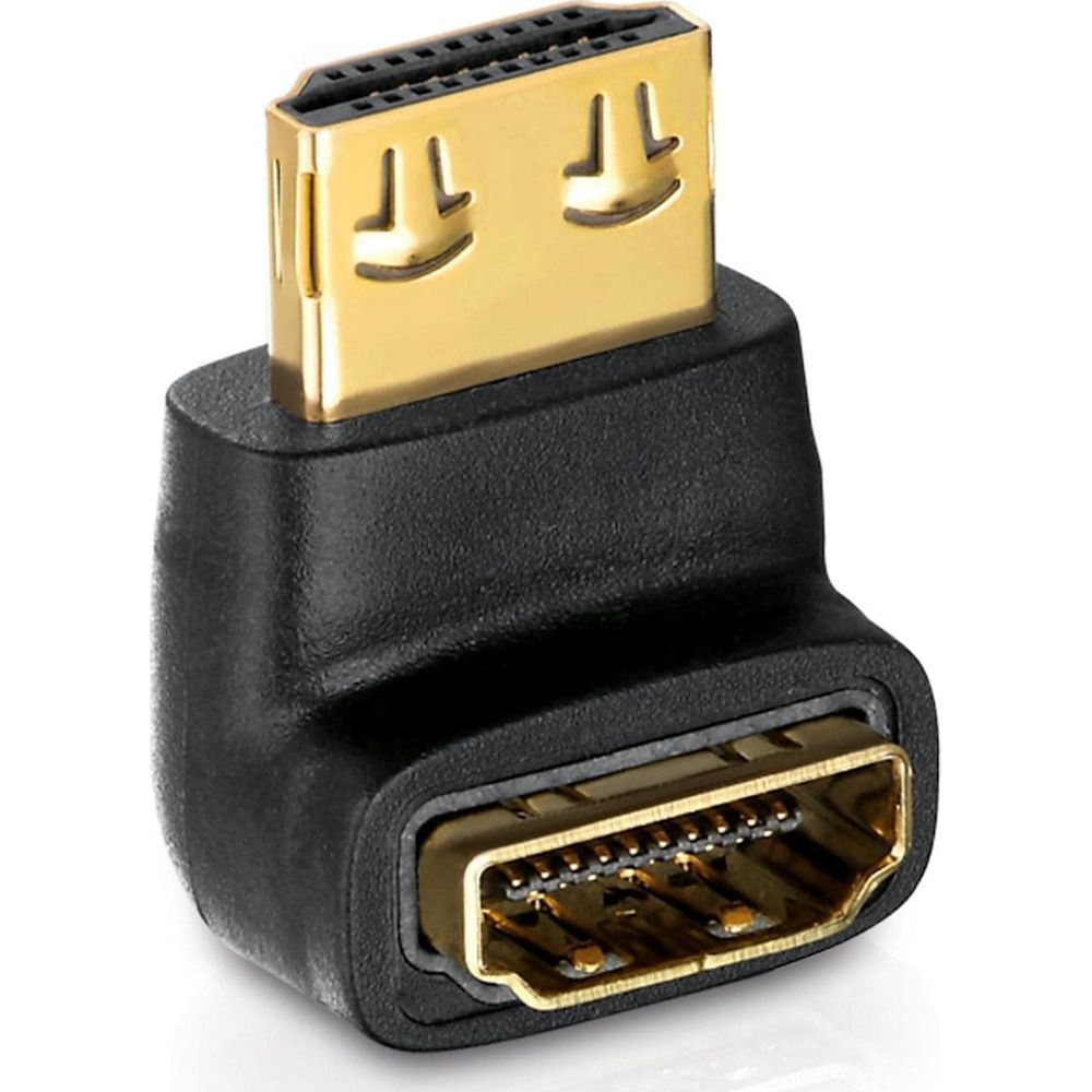 Ein schwarzer HDMI-Winkeladapter mit goldenen Anschlüssen.