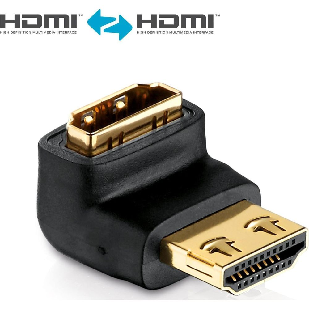 Ein schwarzer HDMI-Winkeladapter mit goldenen Anschlüssen.