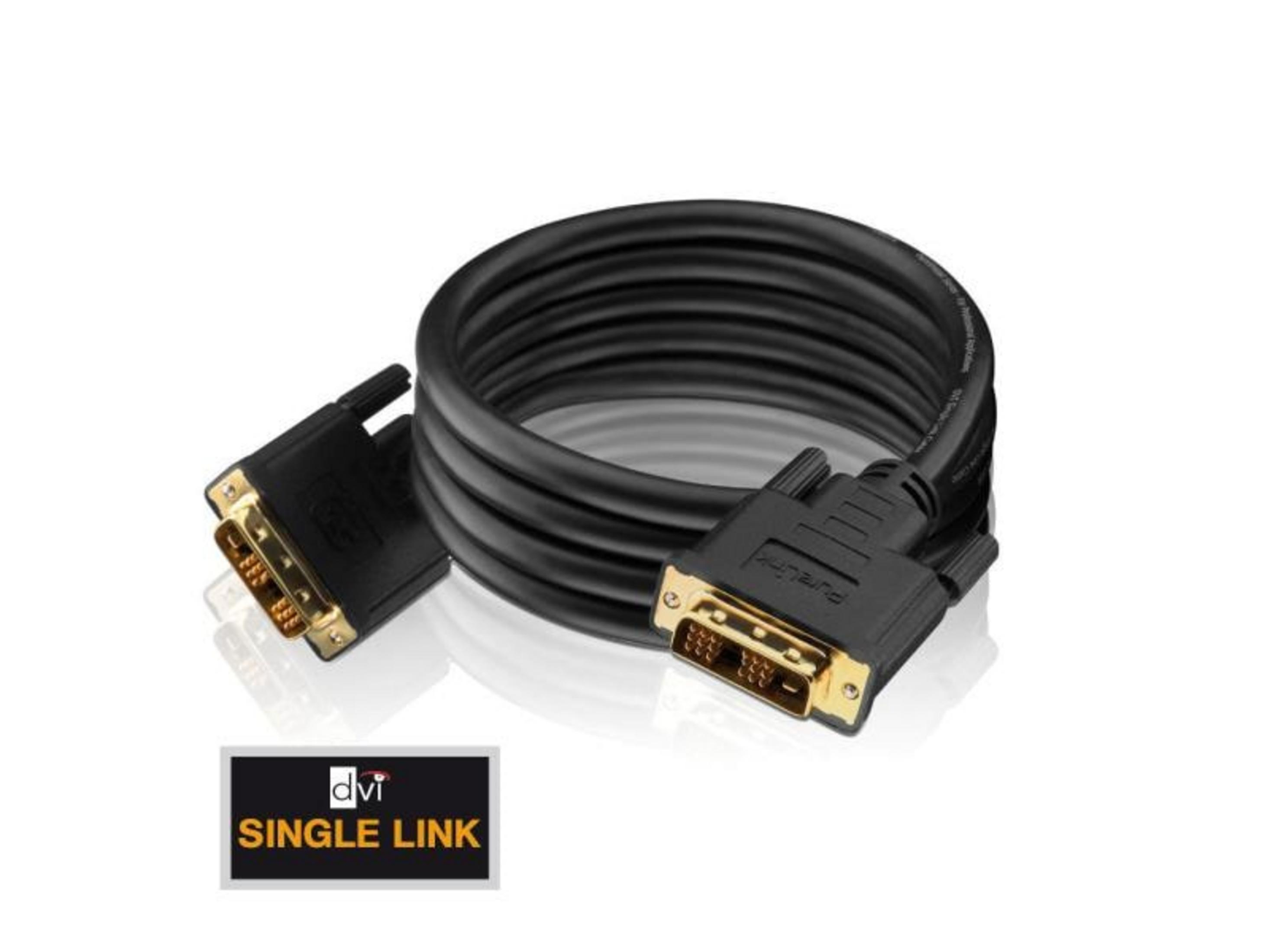Schwarzes DVI-Kabel mit goldenen Anschlüssen und einem "SINGLE LINK"-Logo.
