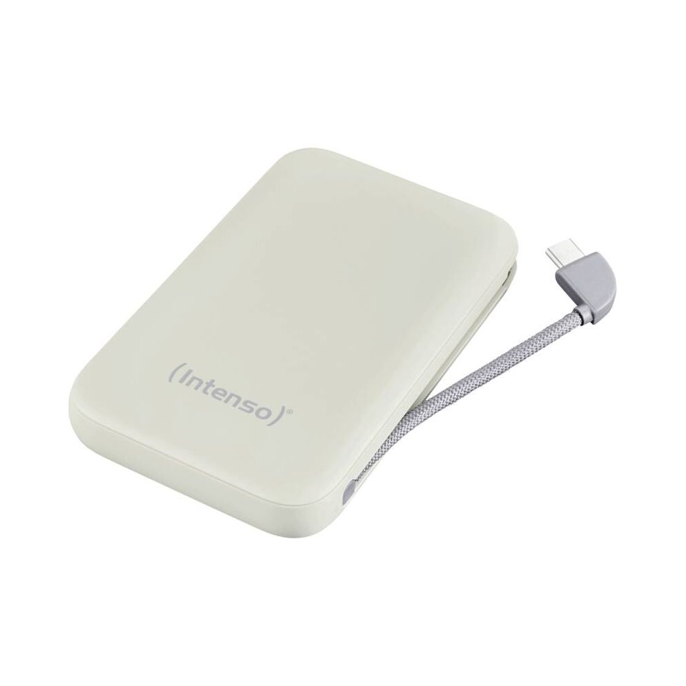 Un power bank bianco con un cavo USB-C grigio attaccato lateralmente.