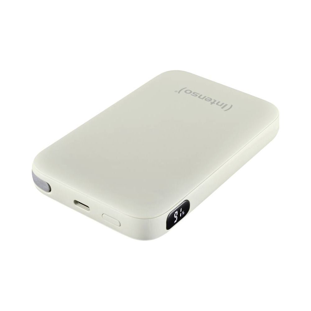 Un power bank bianco con display digitale percentuale.
