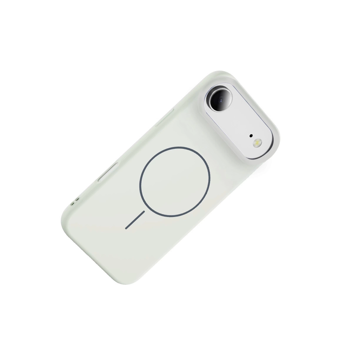 MagSafe halkalı ve kameralı açık yeşil telefon kılıfı beyaz zeminde.