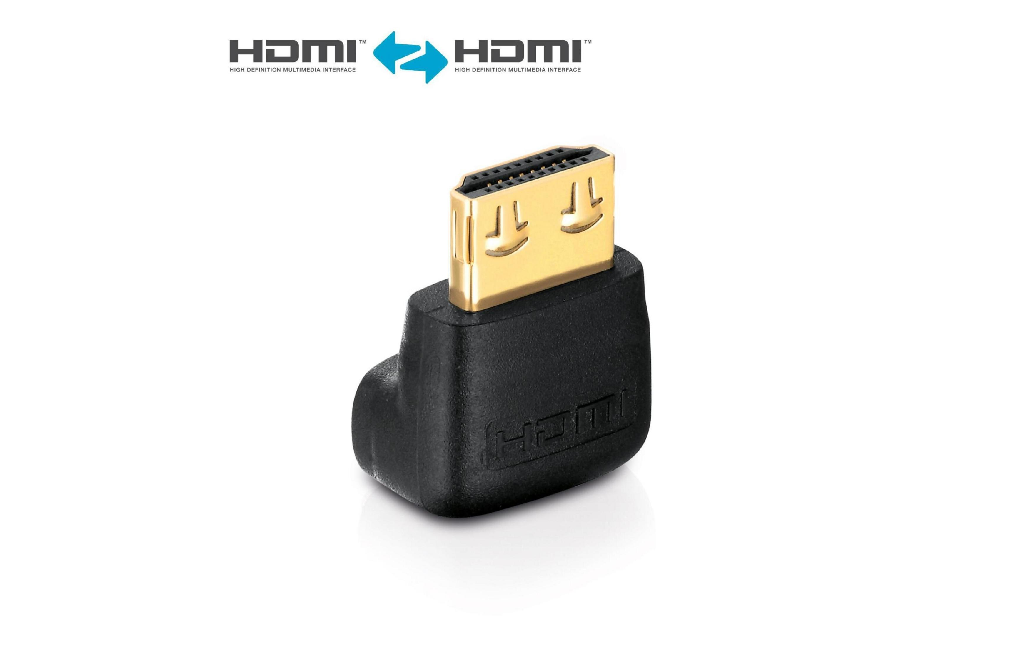 Ein schwarzer HDMI-Winkeladapter mit goldenem Stecker und HDMI-Logo.