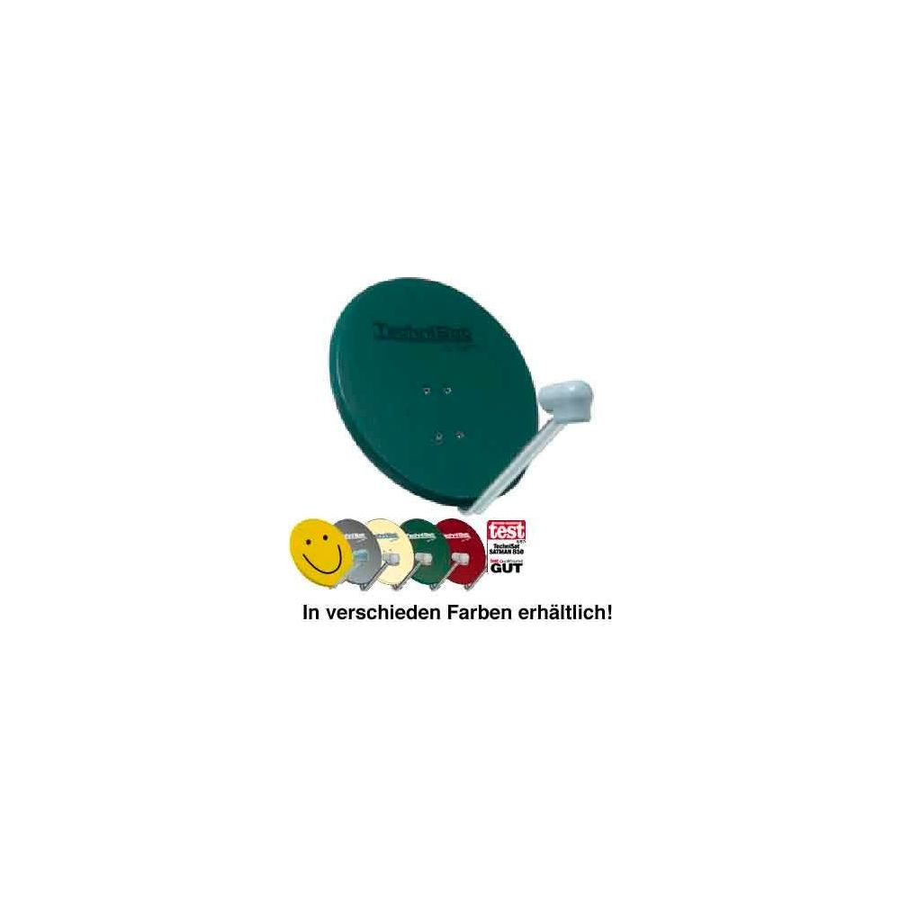 Grüne Satellitenschüssel mit bunten Smiley-Aufklebern und Test-Siegel.