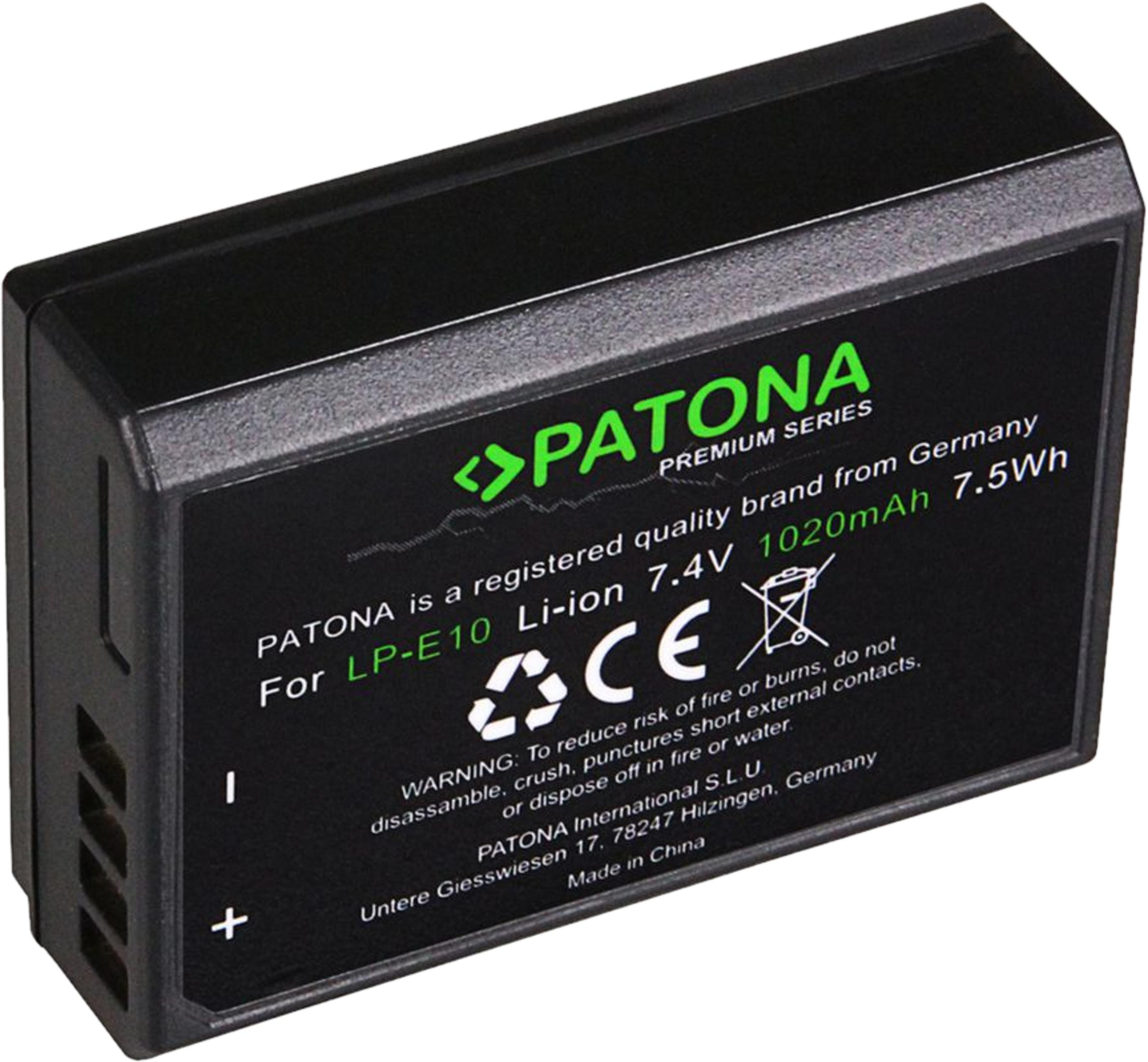 Batteria PATONA nera per LP-E10, 7.4V, 1020mAh, 7.5Wh, Made in China.