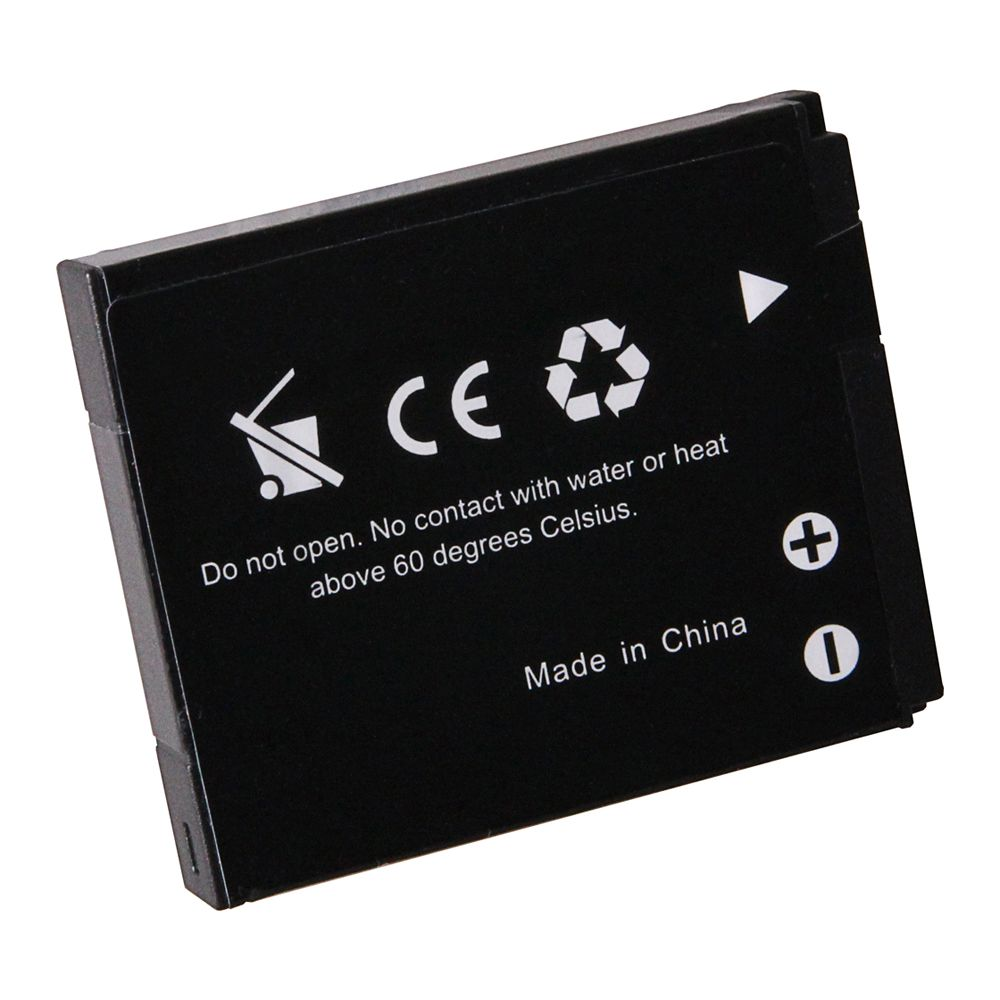 Schwarze Batterie mit CE, Recycling- und Warnsymbolen. Text warnt vor Hitze und Wasser.