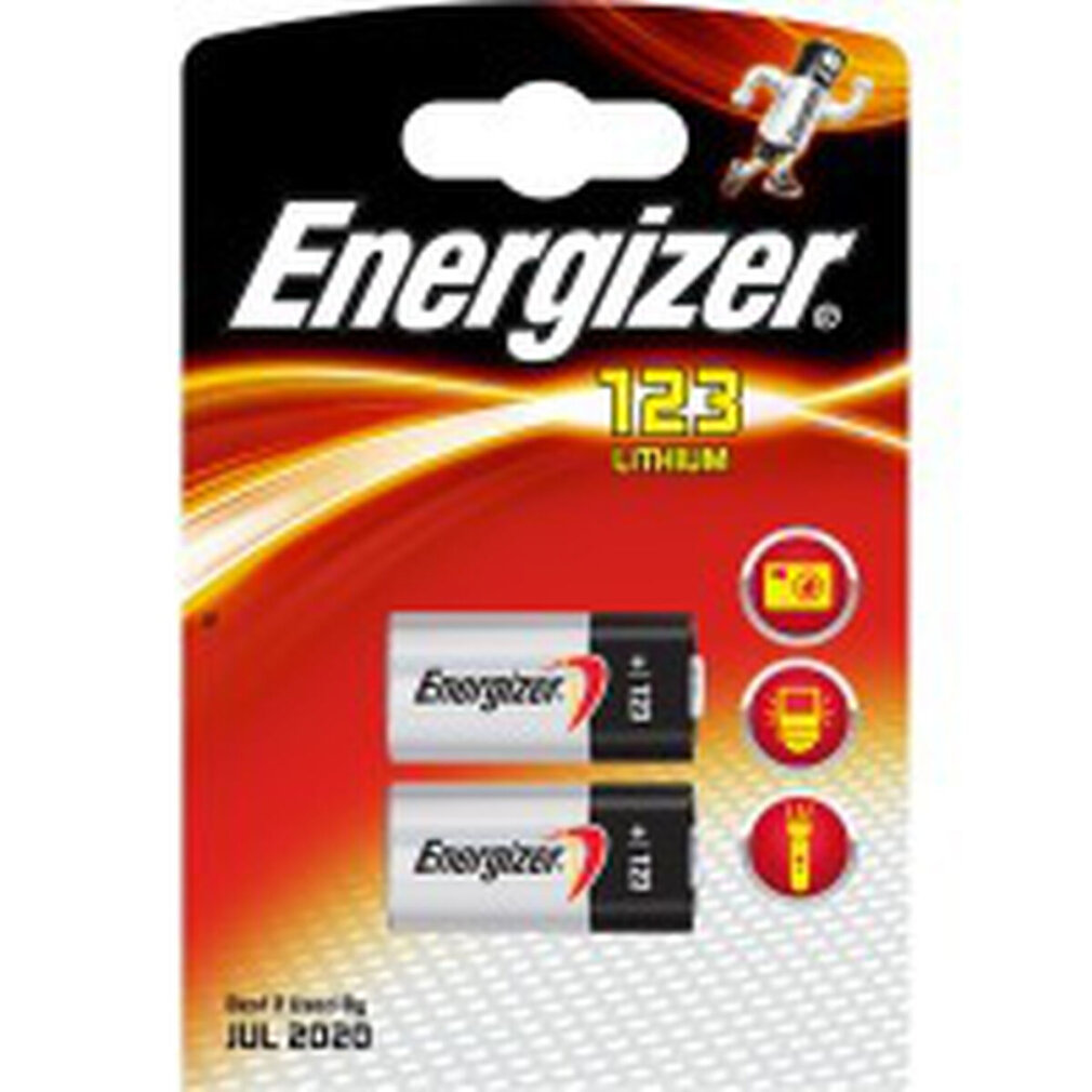 Energizer 123 Lithium Batterien, 2er-Packung, auf rotem Hintergrund mit Symbolen.