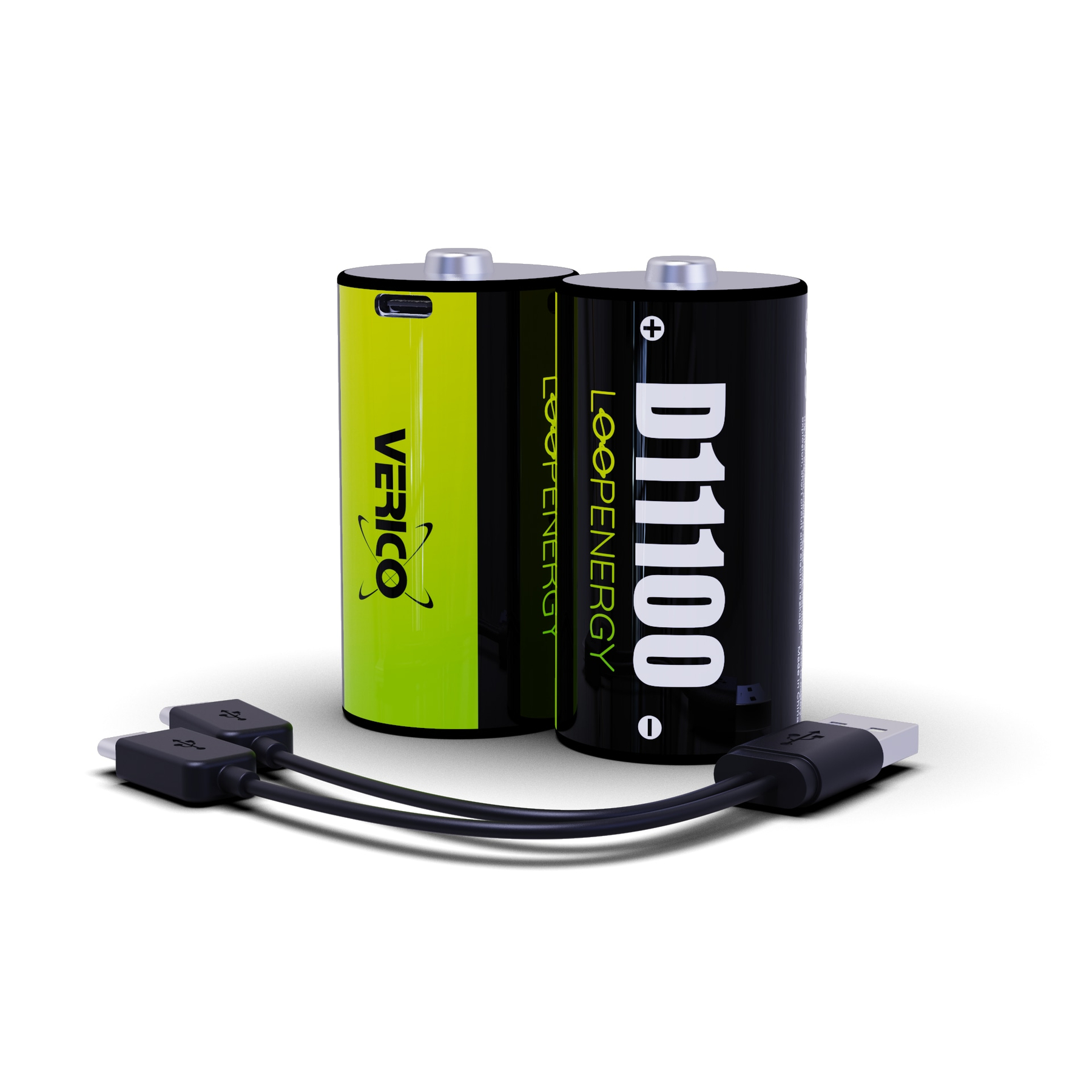 Due batterie, una verde e una nera, con cavi USB.
