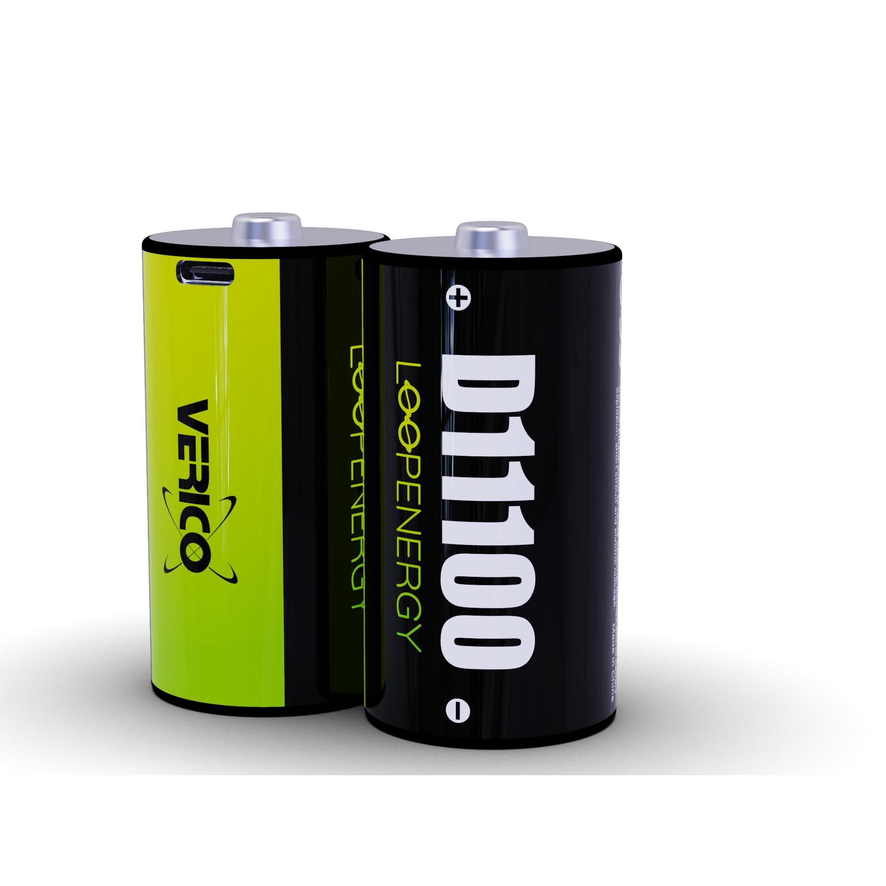 Due batterie D: una verde con logo Verico, una nera etichettata D11100.