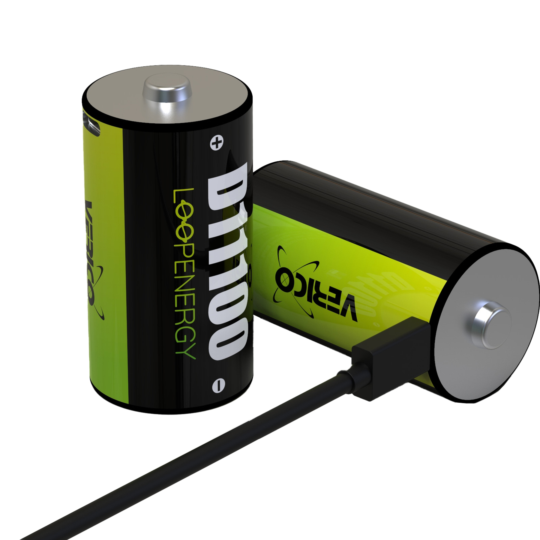 Due batterie D, una viene caricata da un cavo nero.