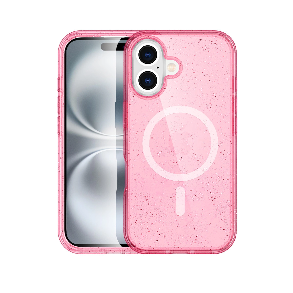 Simli şeffaf pembe telefon kılıfı ve manyetik halka.