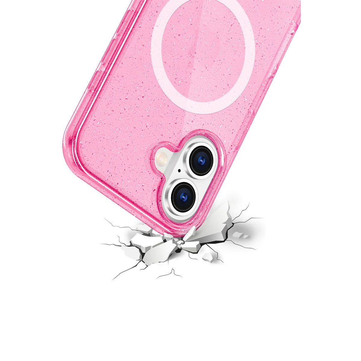 Pembe simli telefon kılıfı kamerası çatlak zemine düşüyor.