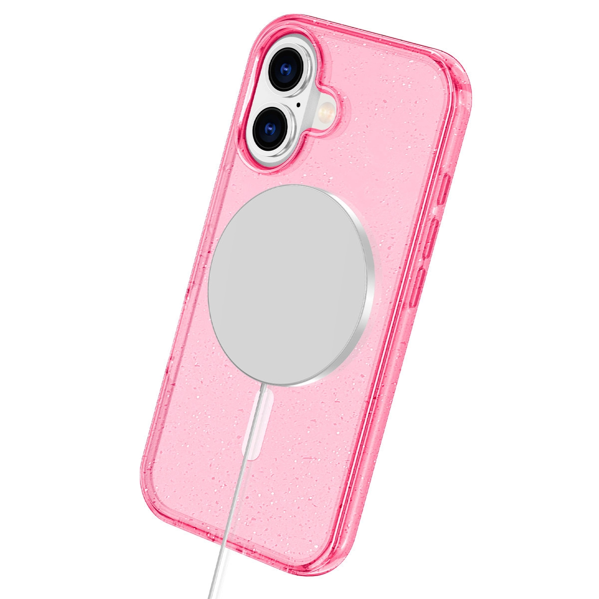 Gümüş manyetik şarj cihazı takılı pembe simli telefon kılıfı.