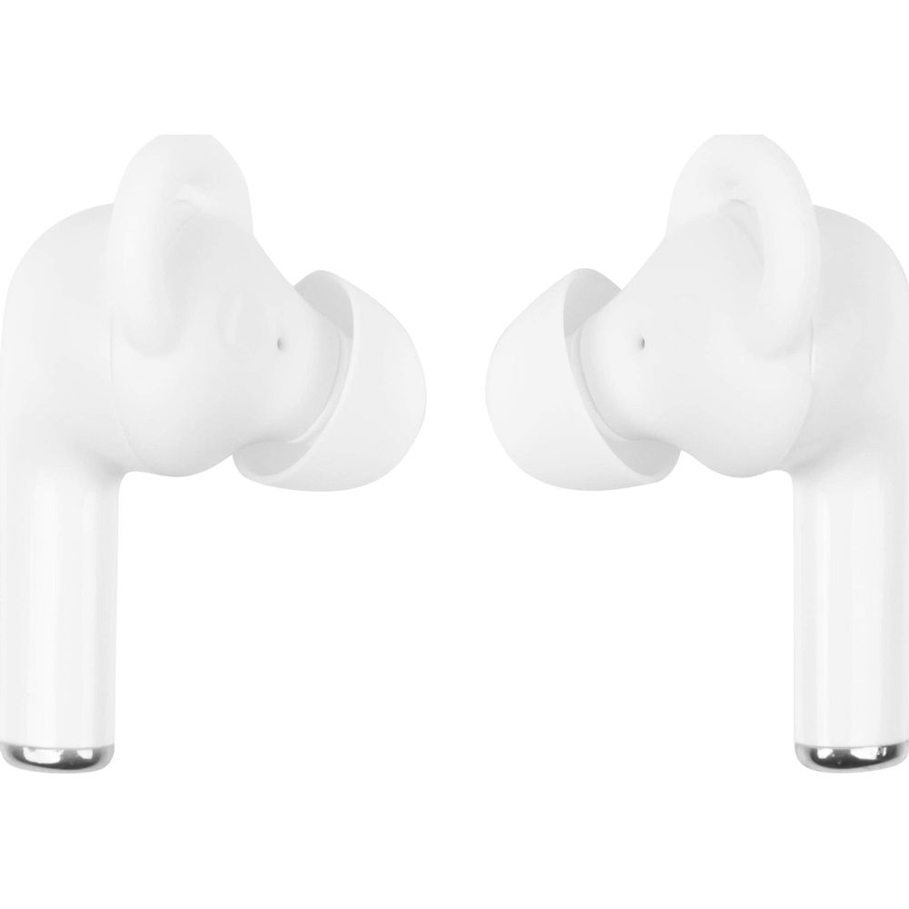 Deux écouteurs sans fil blancs sur fond blanc.