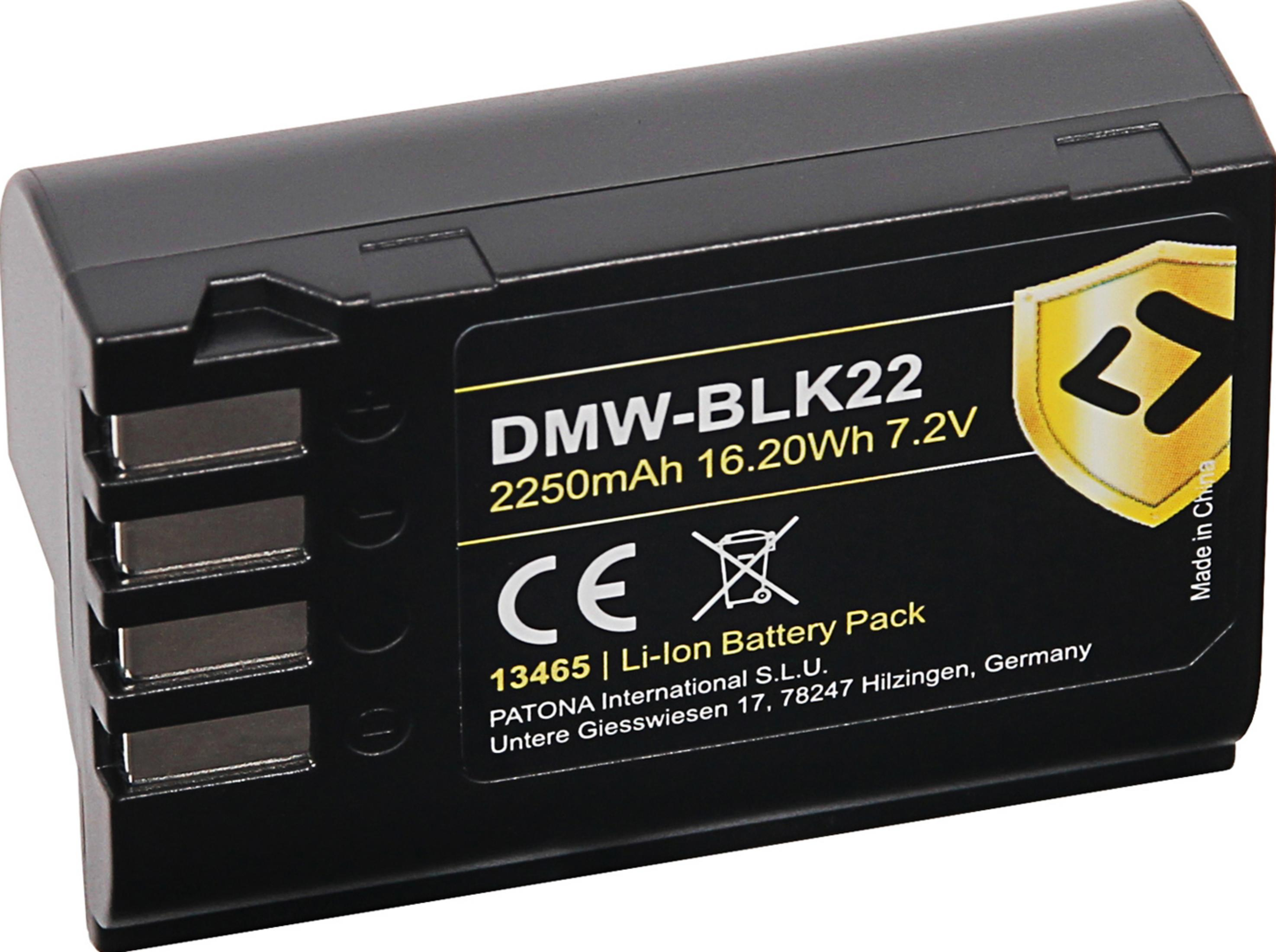Batteria nera DMW-BLK22, 2250mAh, Li-Ion, Made in China.
