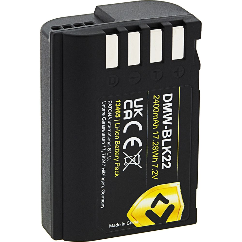 Batteria nera DMW-BLK22 2400mAh Li-ion con certificazioni.