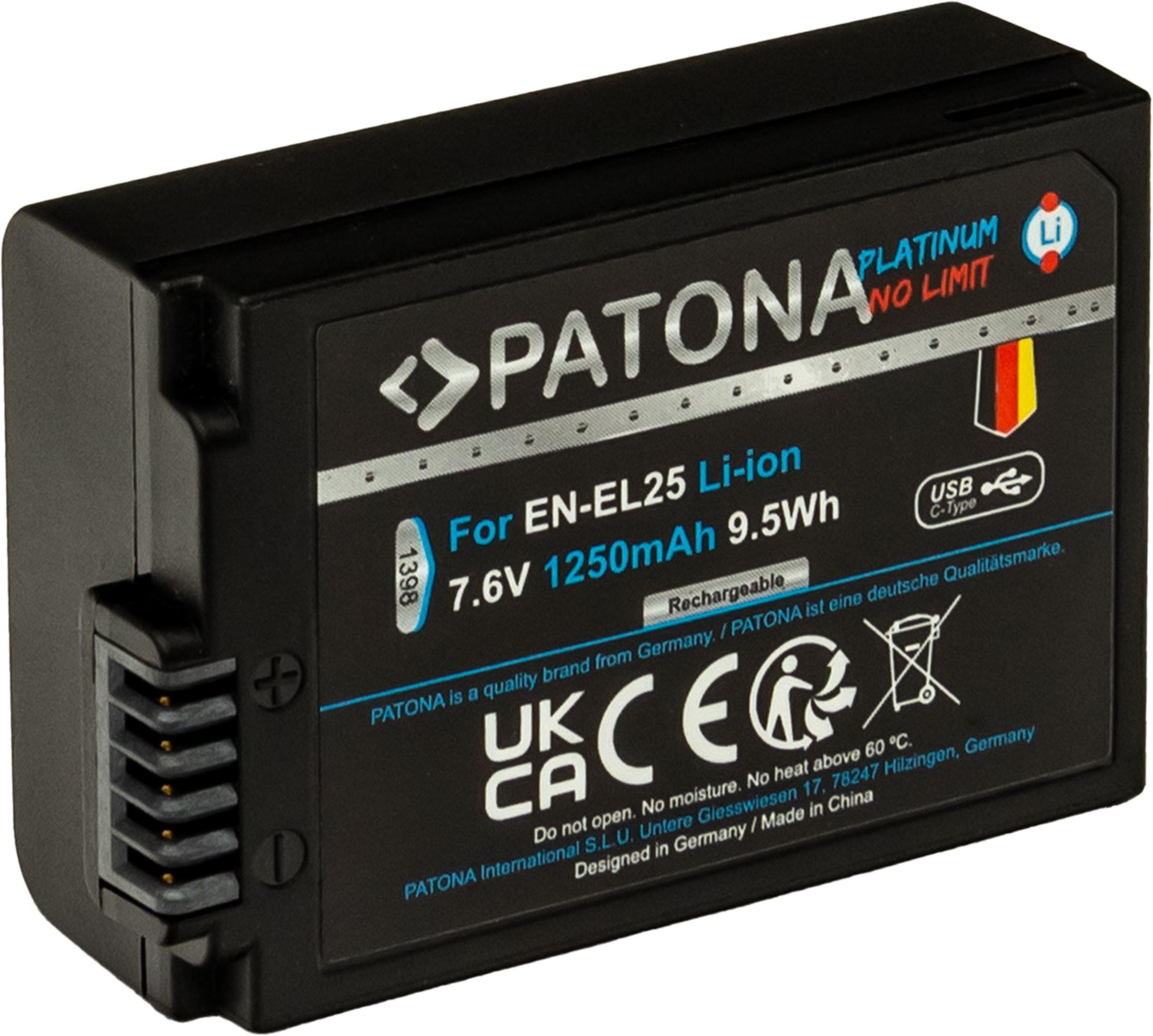 Batteria nera etichettata 'PATONA PLATINUM NO LIMIT' con specifiche tecniche.