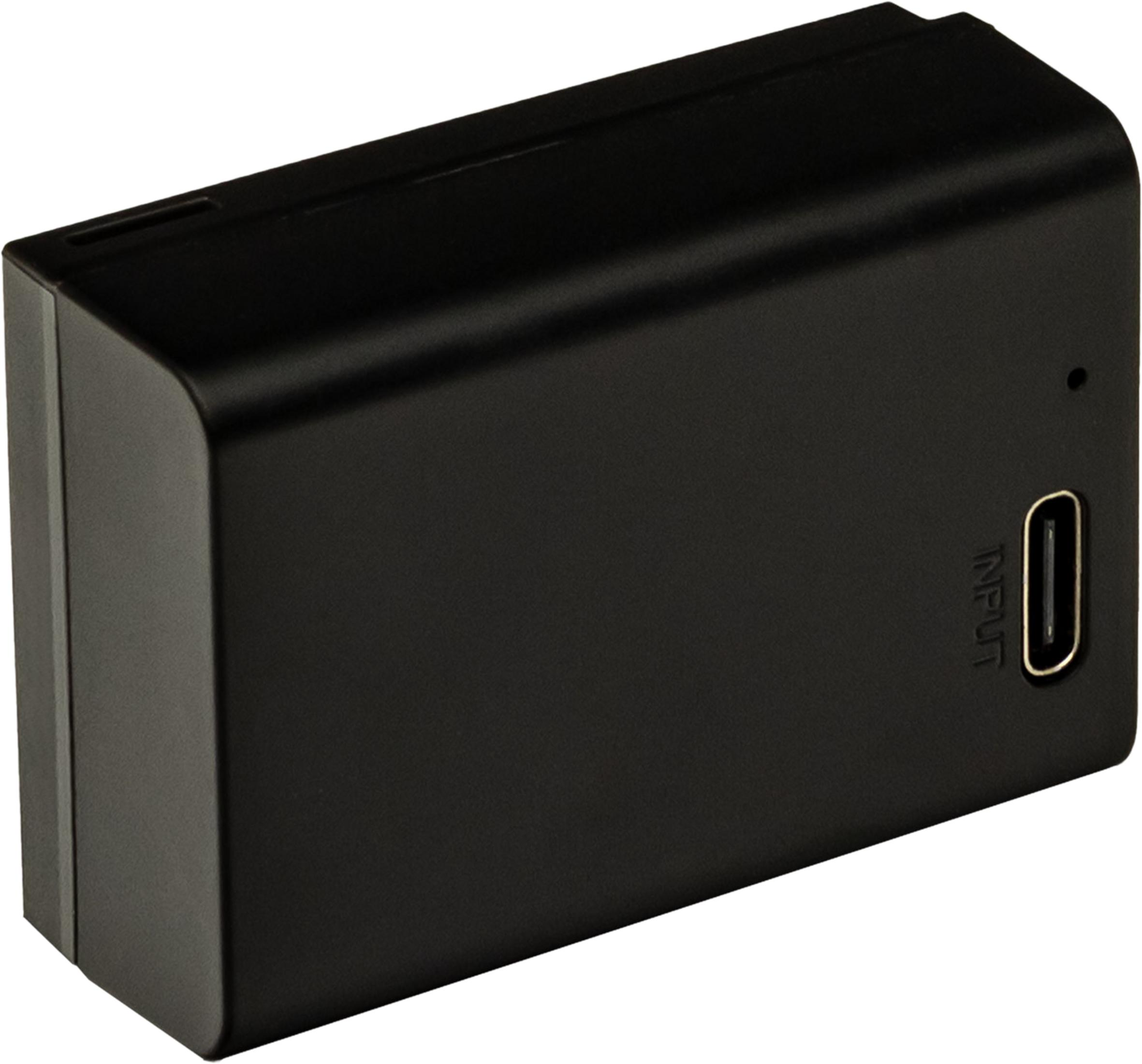 Un dispositivo rettangolare nero con porta USB-C ed etichetta "INPUT".
