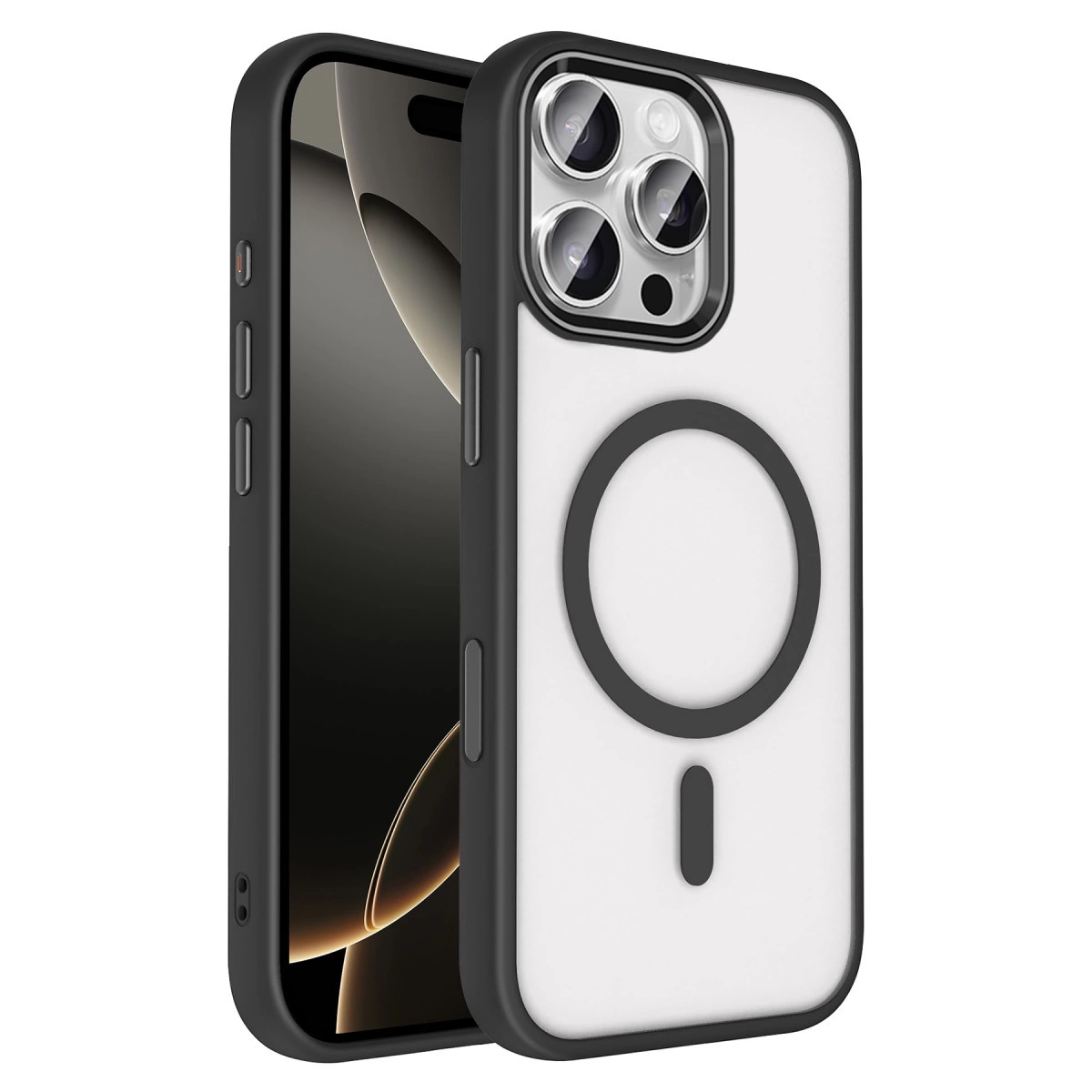 Siyah çerçeveli ve kamera modüllü beyaz iPhone kılıfı, beyaz arka planda.