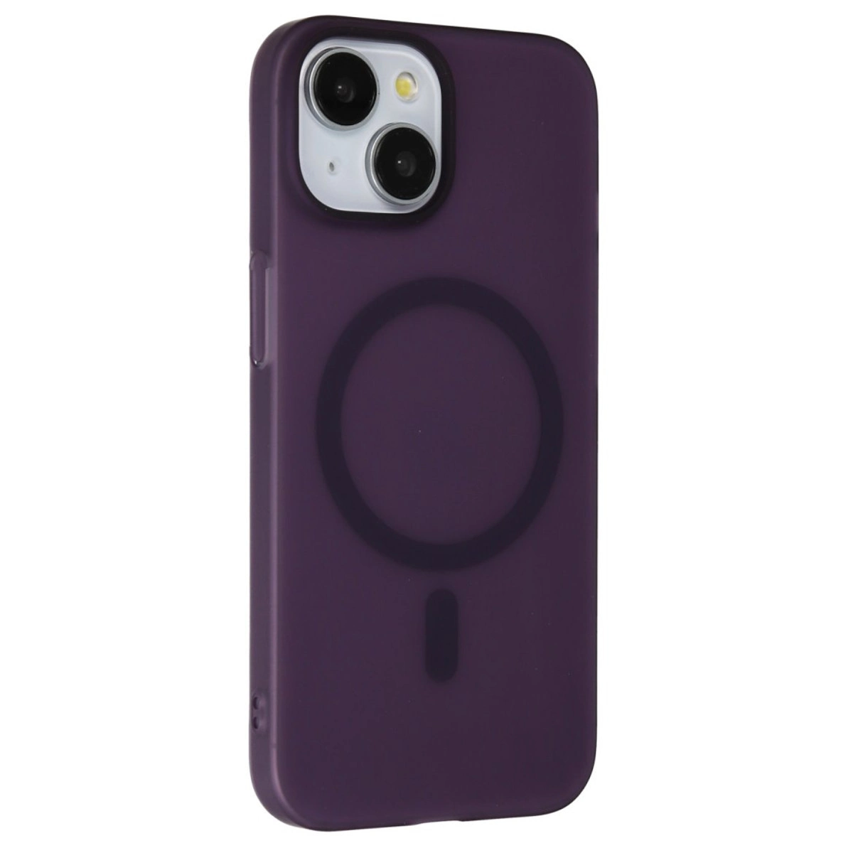 Manyetik halkalı ve kamera kesimli mor iPhone kılıfı.
