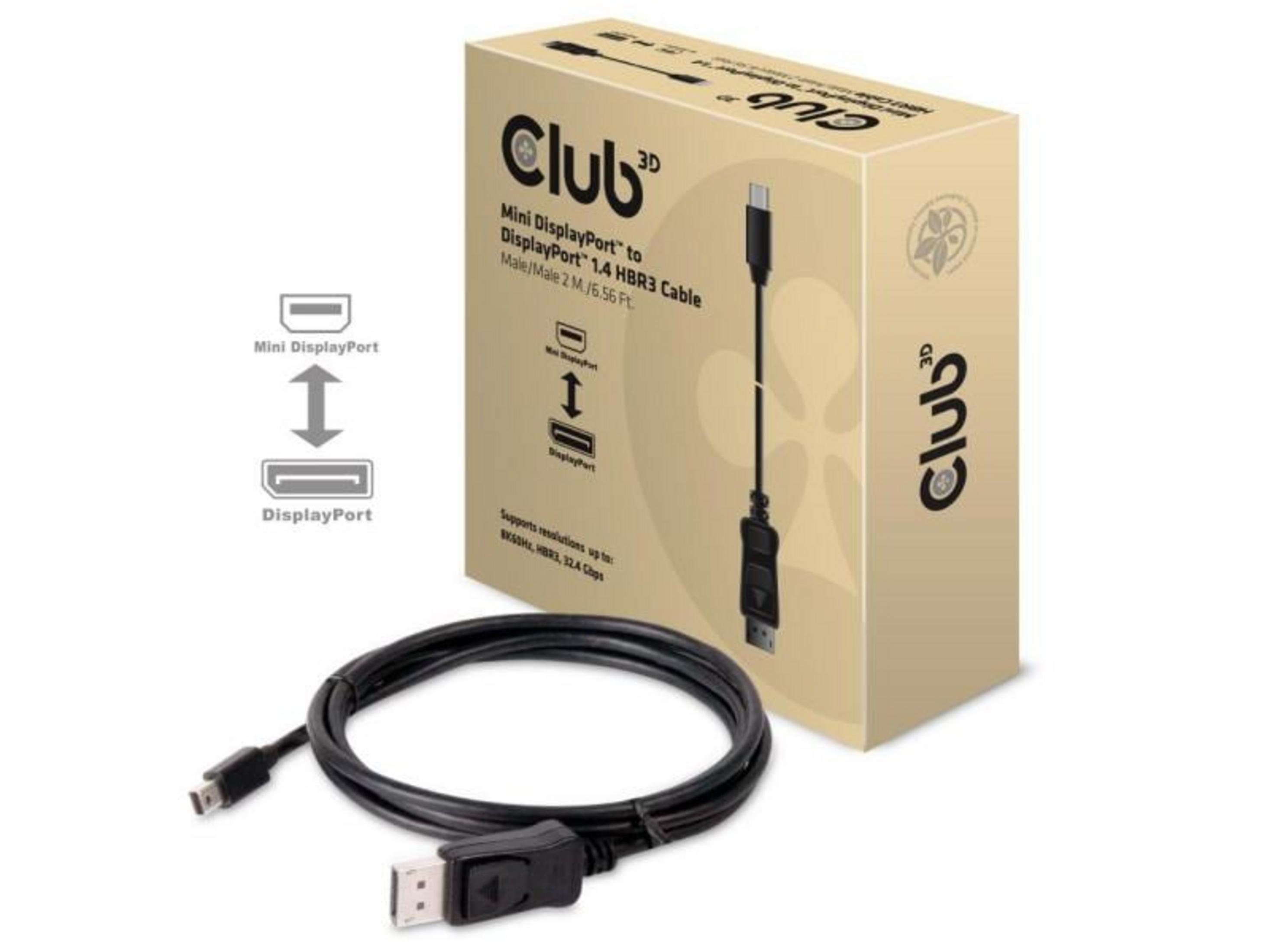 Club 3D Mini DisplayPort zu DisplayPort Kabel mit zwei Anschlüssen.