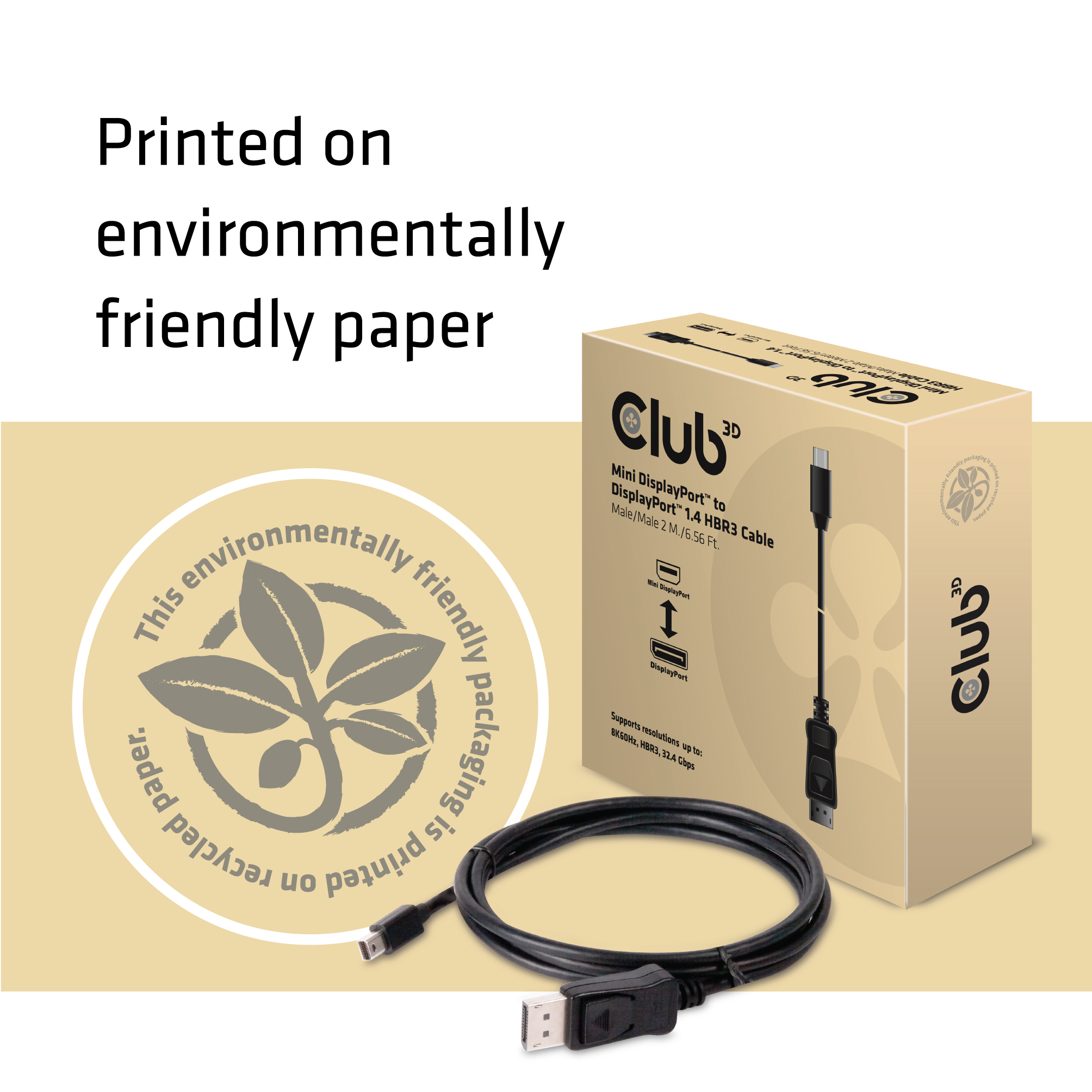 Club 3D Mini DisplayPort zu DisplayPort 1.4 Kabel auf beiger Oberfläche.