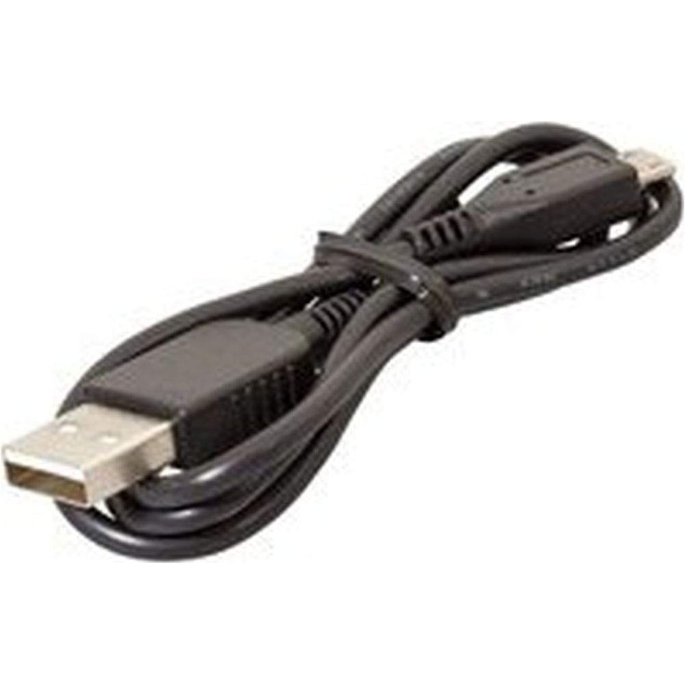 Een zwarte USB-kabel met een standaard USB-A-connector en een mini-USB-connector.