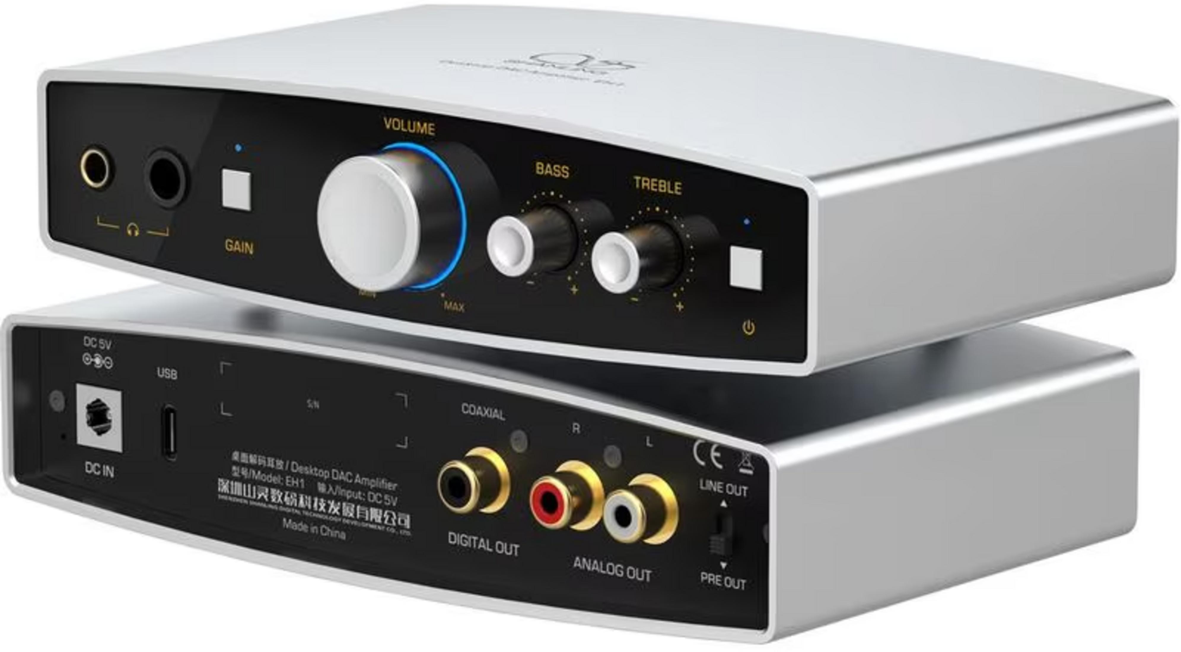 Amplificador DAC plateado con vistas frontal y trasera mostrando controles y puertos.