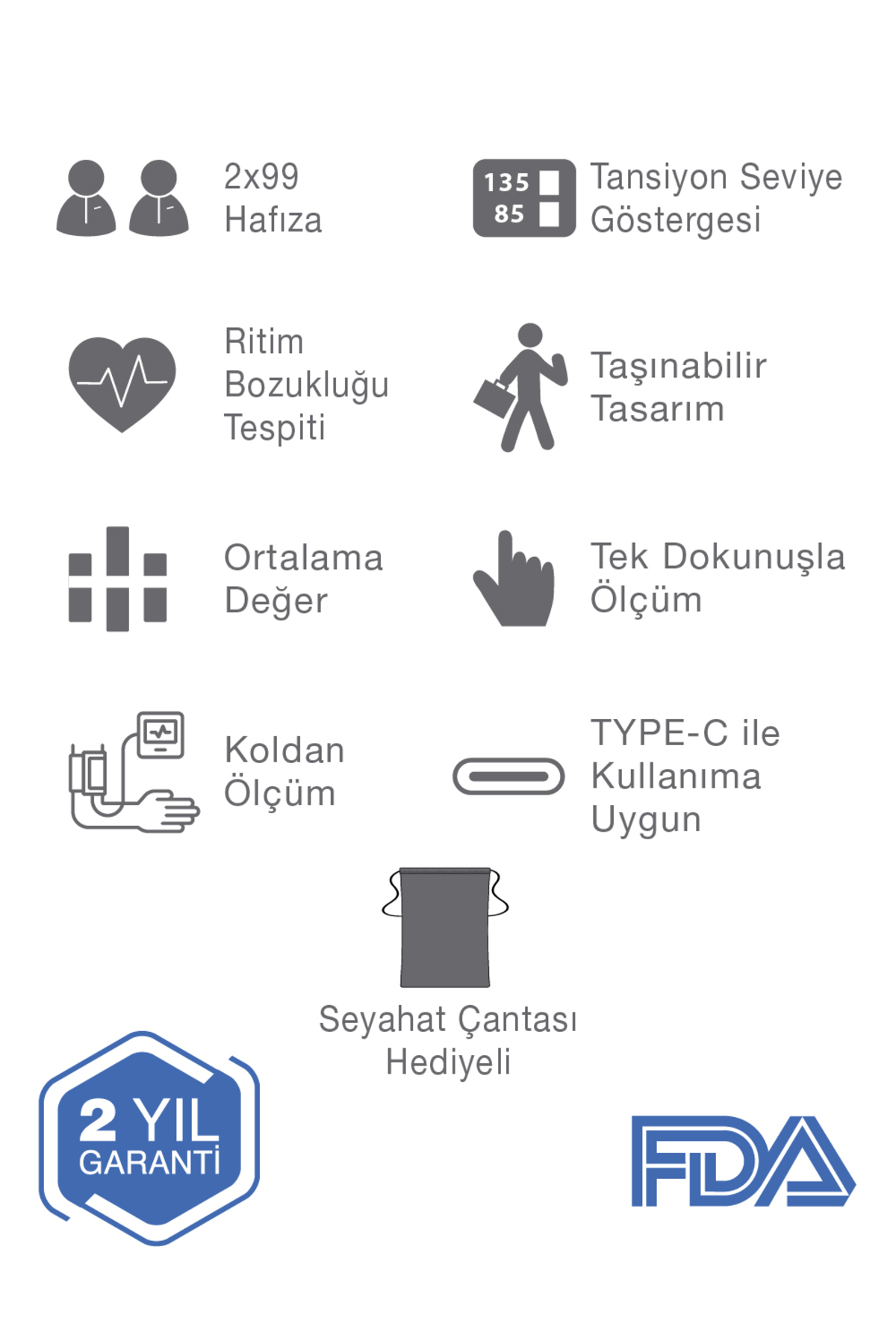 İkonlu infografik: hafıza, tansiyon, kalp ritmi, taşınabilirlik, ortalama, tek dokunuş, kol ölçümü, type-c, çanta, garanti, FDA.