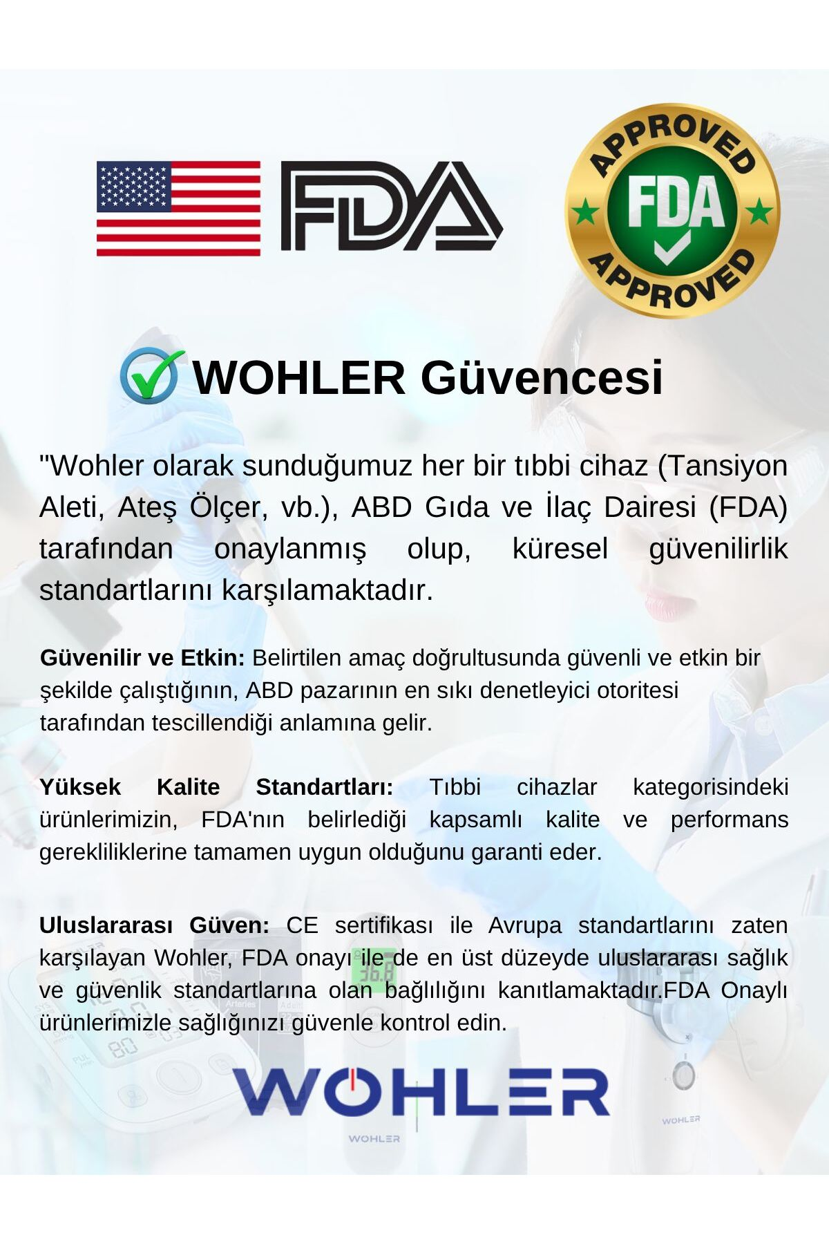 ABD bayrağı ve tıbbi cihazlar hakkında metin ile FDA onaylı Wohler logosu.