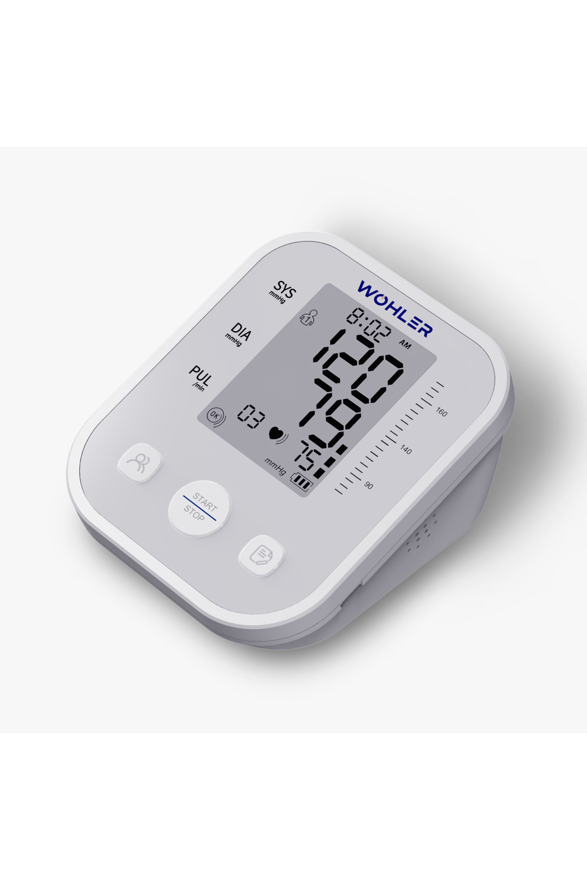 Beyaz bir WOHLER dijital tansiyon aleti 8:02'de 120/75 mmHg ve 03 nabız gösteriyor.