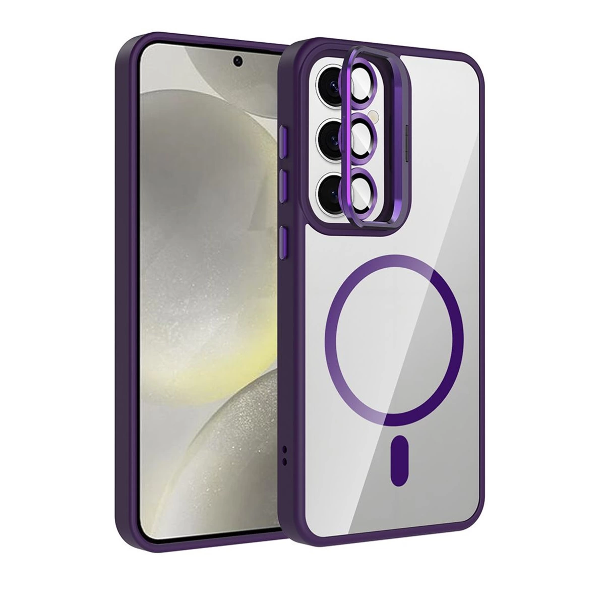 Kamera lens korumalı ve manyetik halkalı mor ve şeffaf telefon kılıfı.