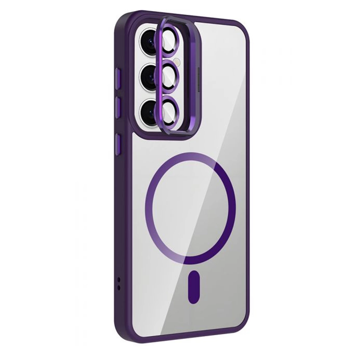 Mor telefon kılıfı, şeffaf arka, kamera koruması ve manyetik halka.
