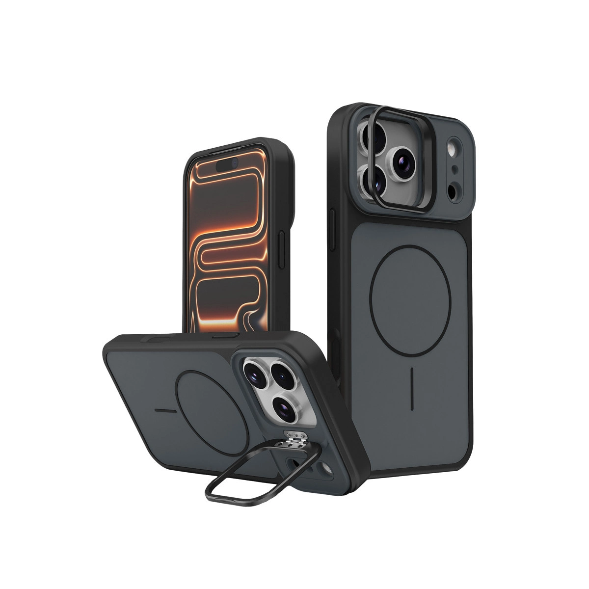Mıknatıslı halka ve halka tutuculu üç siyah telefon kılıfı.