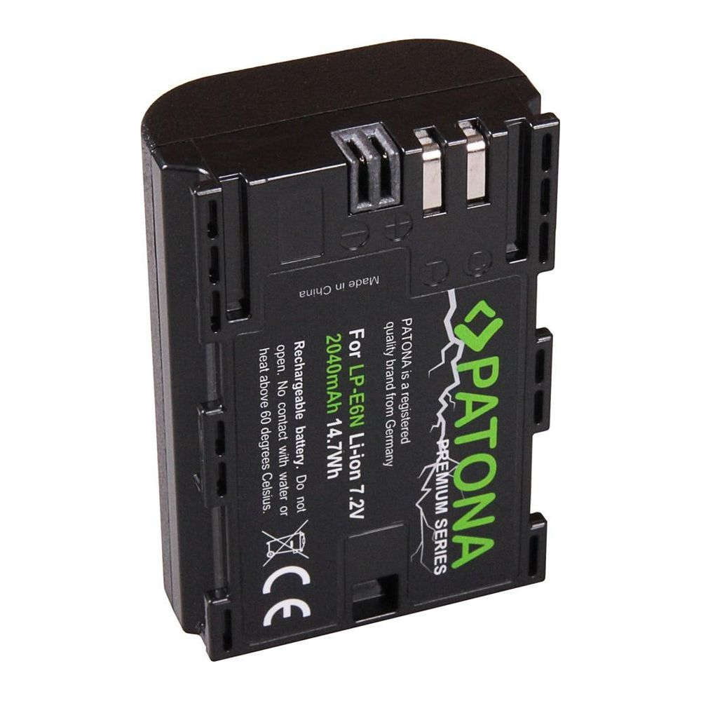 Batteria nera con scritte verdi e bianche. Dettagli: Per LP-E6N Li-ion 7.2V.