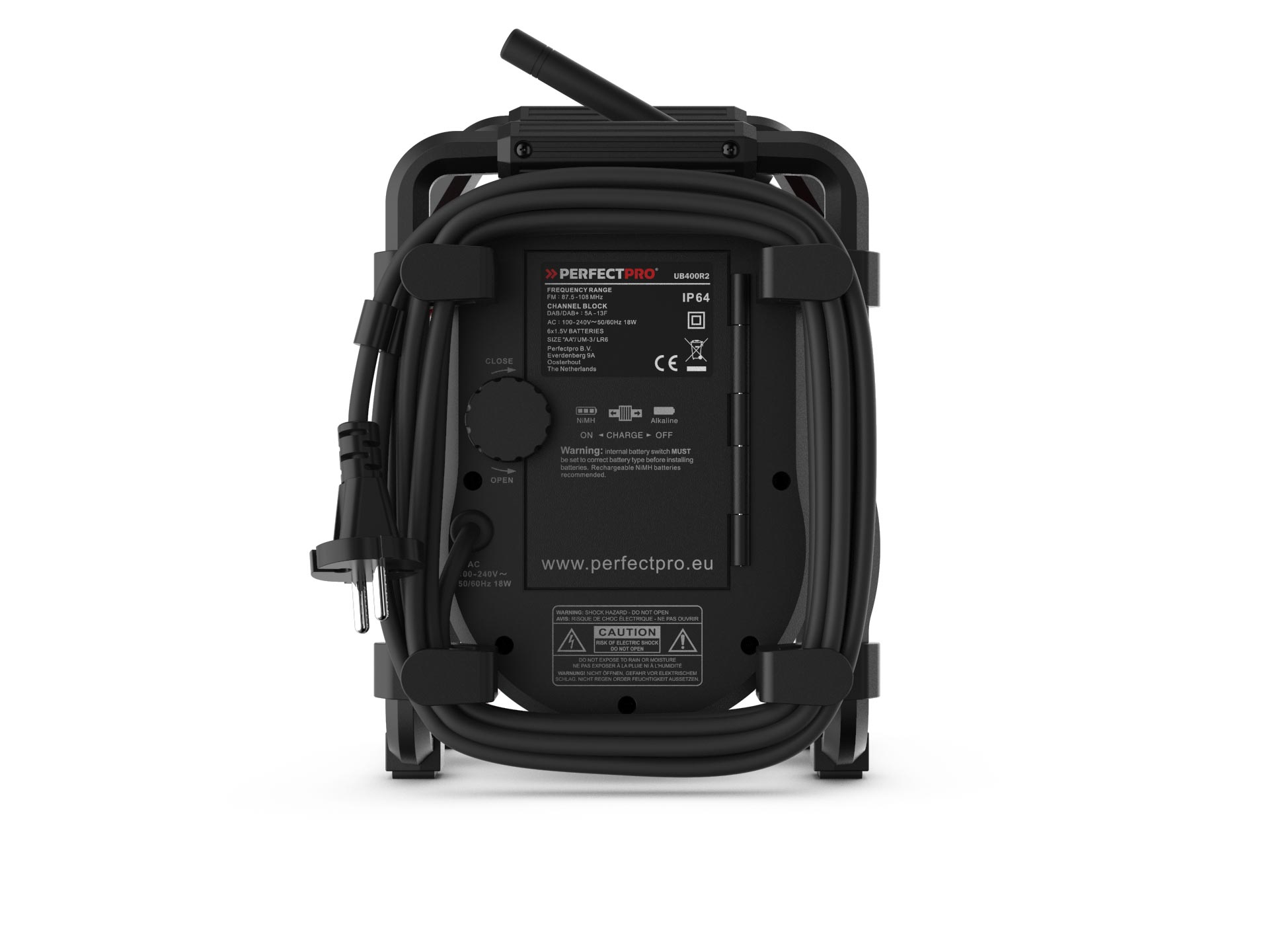 Perfectpro UB400R2 nero con cavo avvolto e spina. Il retro mostra le specifiche tecniche.