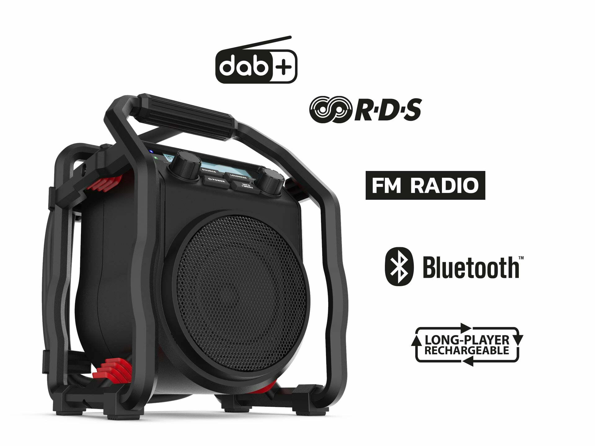 Radio portatile nera con manico, altoparlante e icone DAB+, RDS, FM, Bluetooth.
