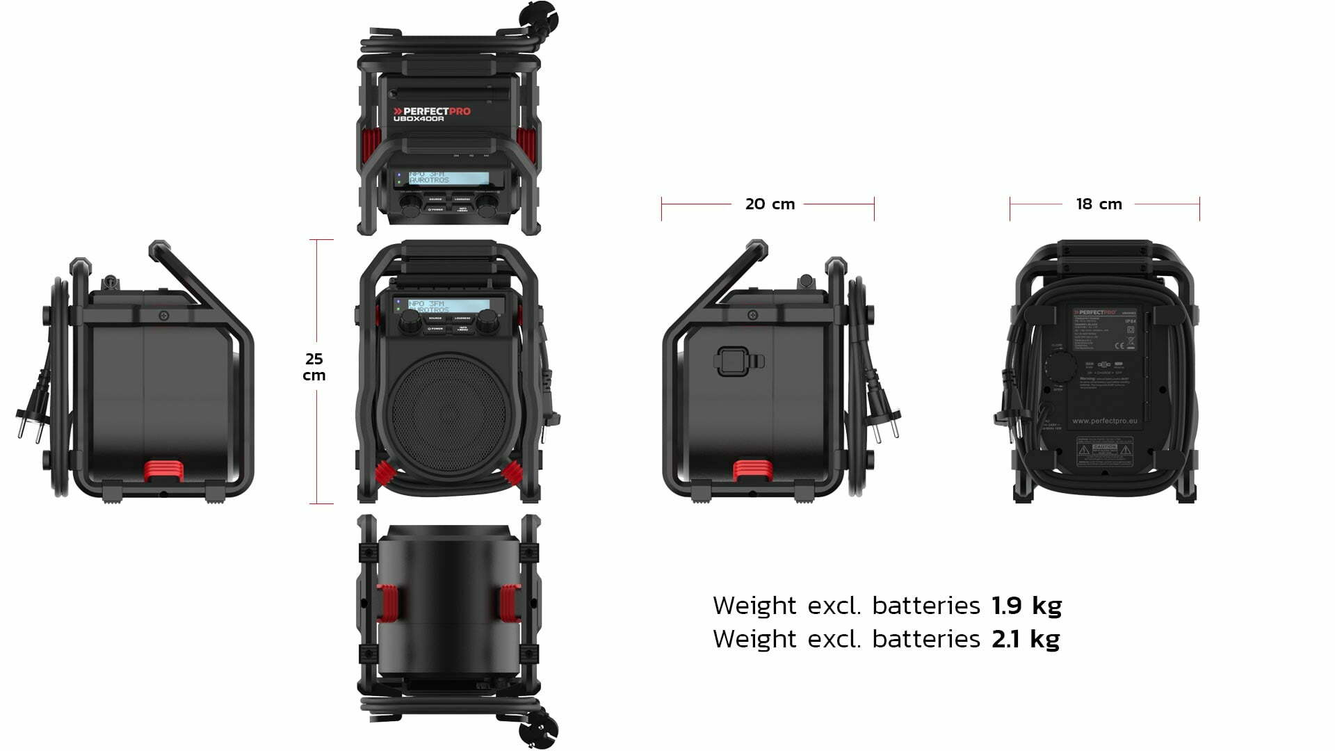 Una radio PerfectPro nera con dimensioni e informazioni sul peso.