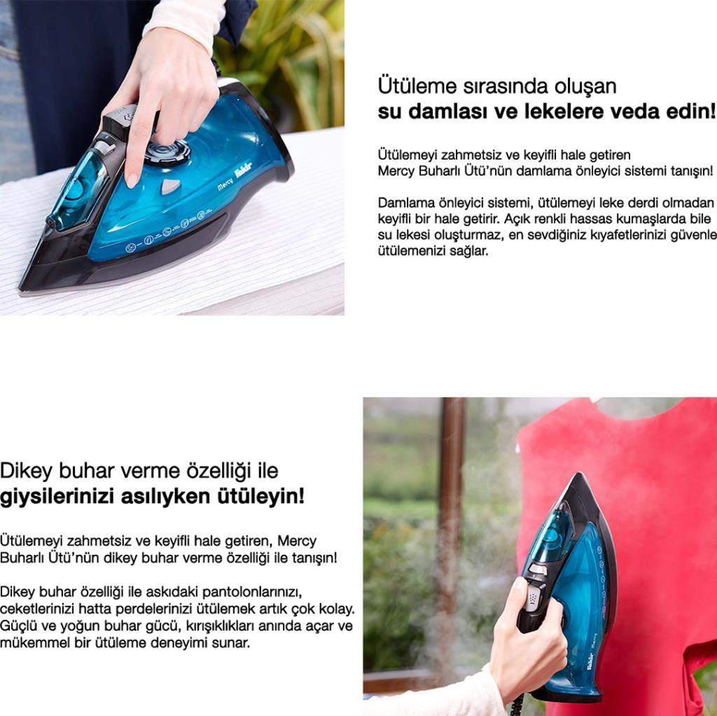 Bir kişi giysilere damlama önleyici özellikli mavi buharlı ütü kullanıyor.