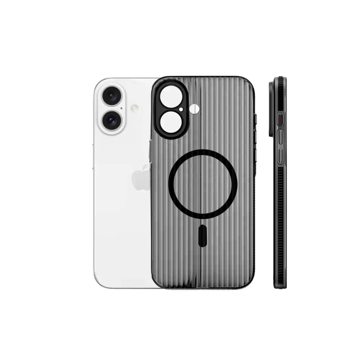 Mıknatıslı halkalı, yivli siyah kılıfın yanında iki kameralı beyaz iPhone.